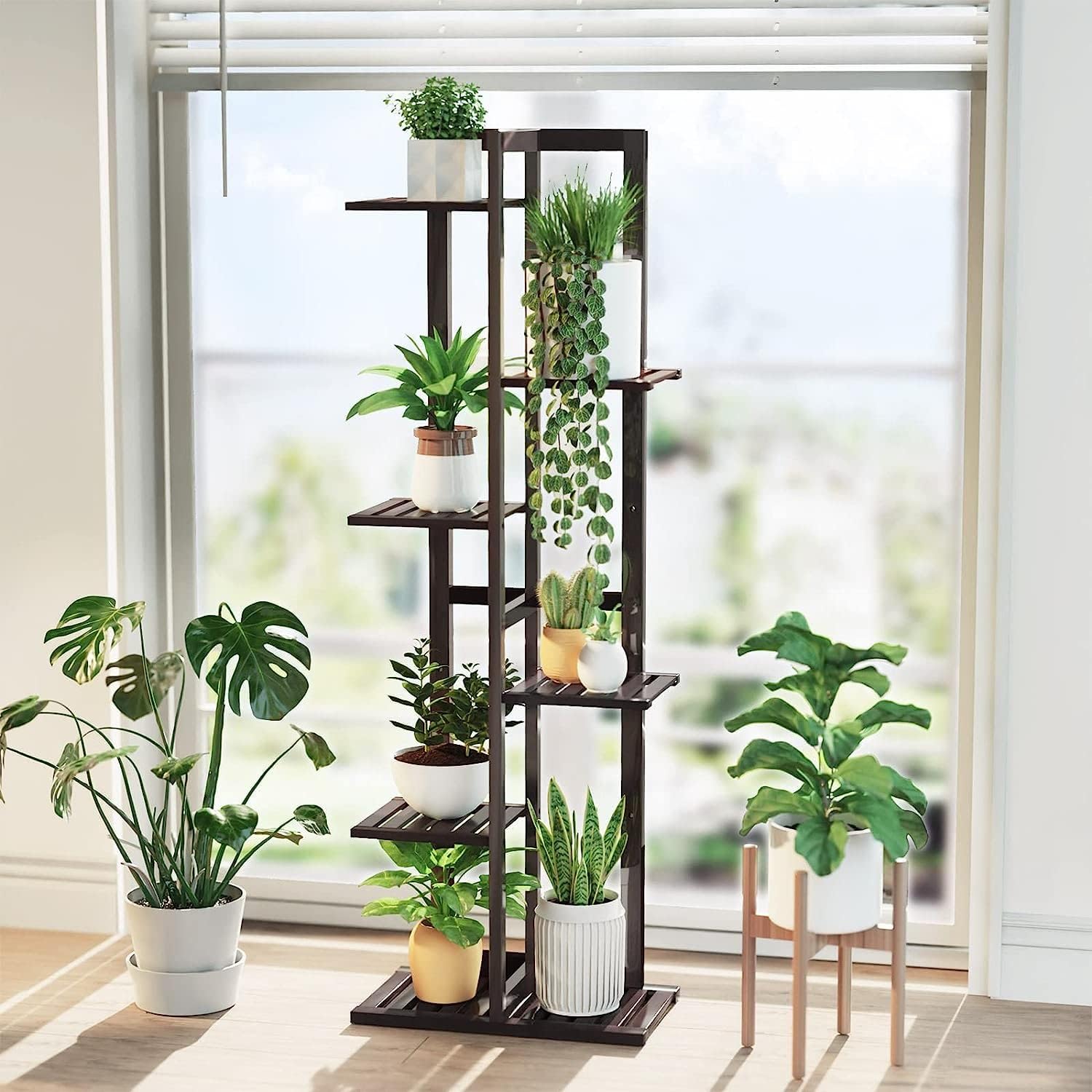 DolceLuna Plant Stand Indoor 6 Tier, Bamboo Plant Shelf Corner Display