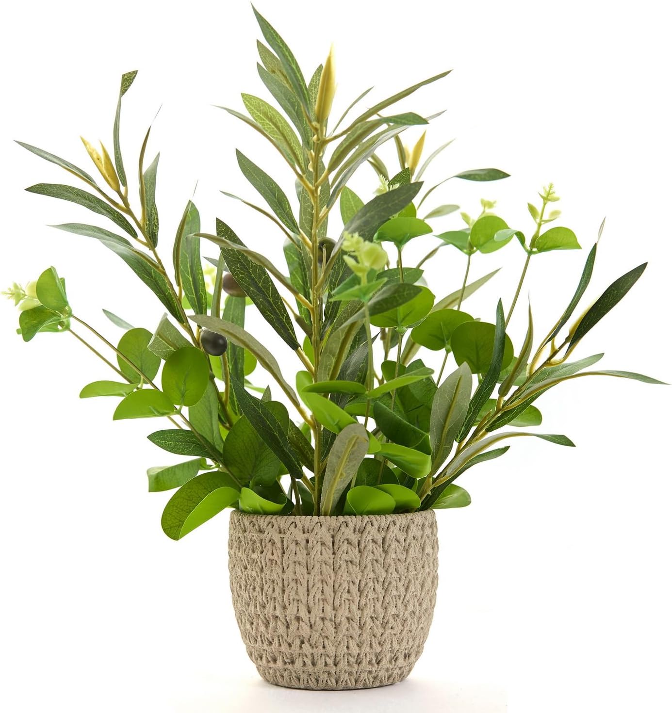 12.8'' Artificial Olive Branches with Grenn Eucalyptus Faux Plant with Lifelike Olives in Gray Luxury Woven Stripe Cement Planter Fake Plant for Home Office Decor Indoor Outdoor