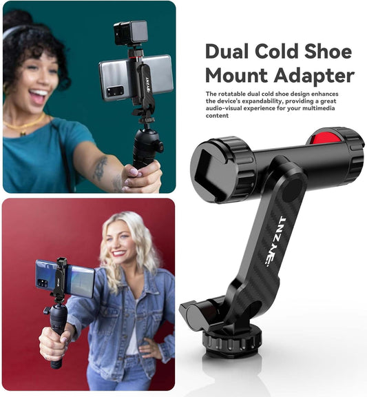 Phone Tripod Mount, Universal Smartphone Holder with 2 Cold Shoe Mount Adapter and 1/4" Standard Screw Thread, 360°Rotation & 180°Tilt Phone Clamp Compatible with iPhone & Android for Photography