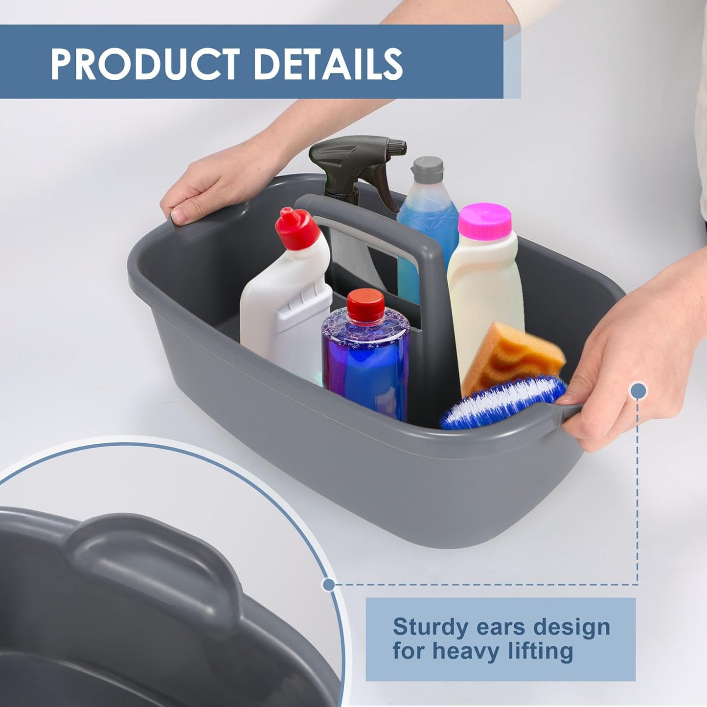 2 Pack Large Cleaning Supplies Caddy Organizer, Portable Shower Caddy Plastic Basket with Handle, Stackable Tool Storage for Bathroom, Garden, Kitchen, Home Organization, Grey