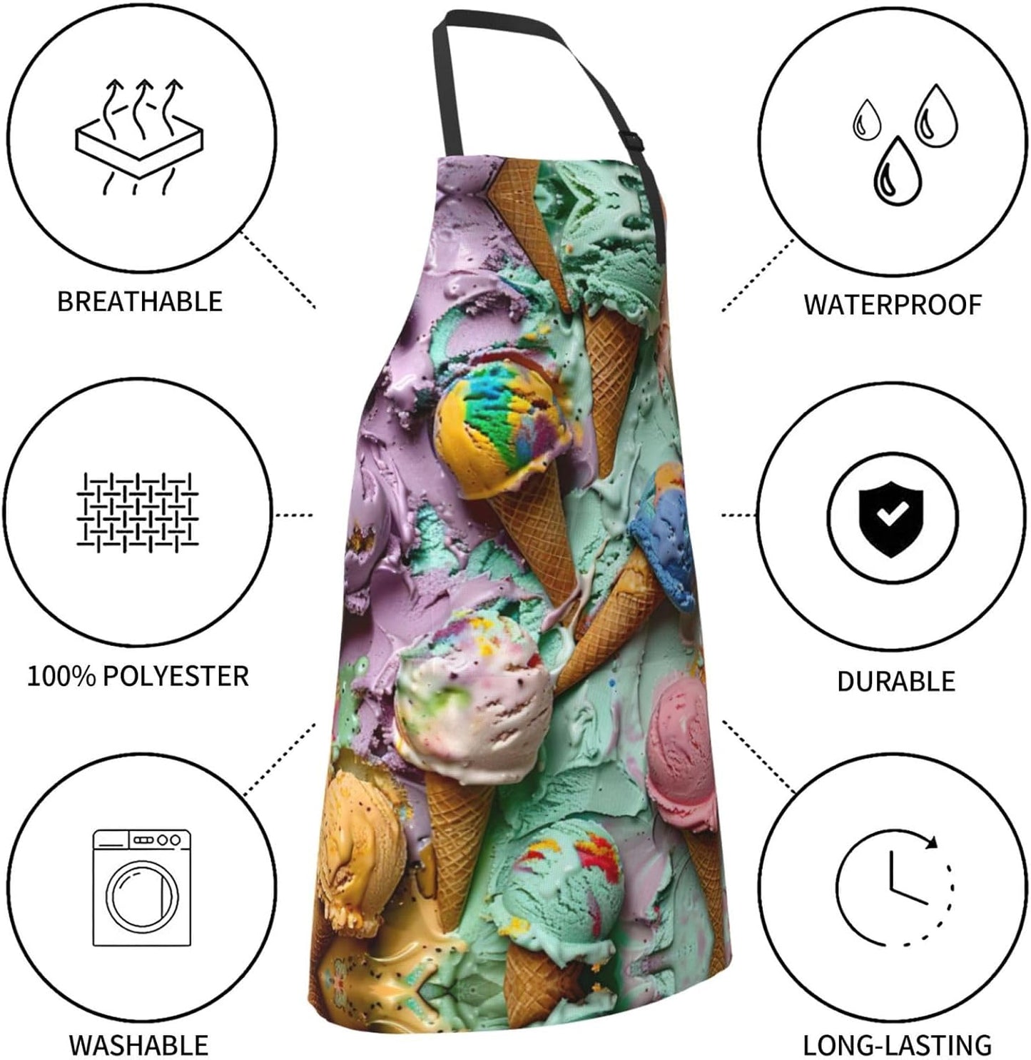 Many colored ice cream print Waterproof chef's apron with pocket apron for kitchen cooking baking barbecue and gardening