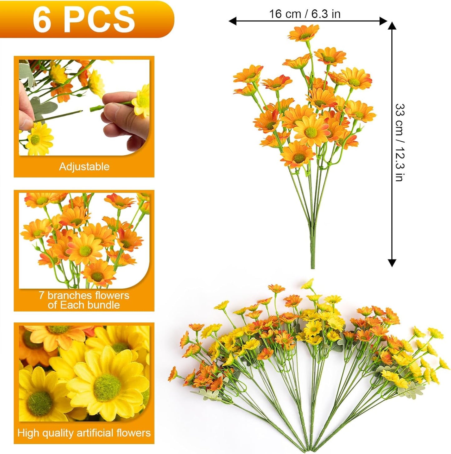 Daisy Artificial Fake Flowers Plants for Outdoor Outside Fall Decor, 6 Bundles Fake Mums UV Resistant Look Real for Planter Pot Porch Patio Balcony Garden Yard (Orange Yellow)