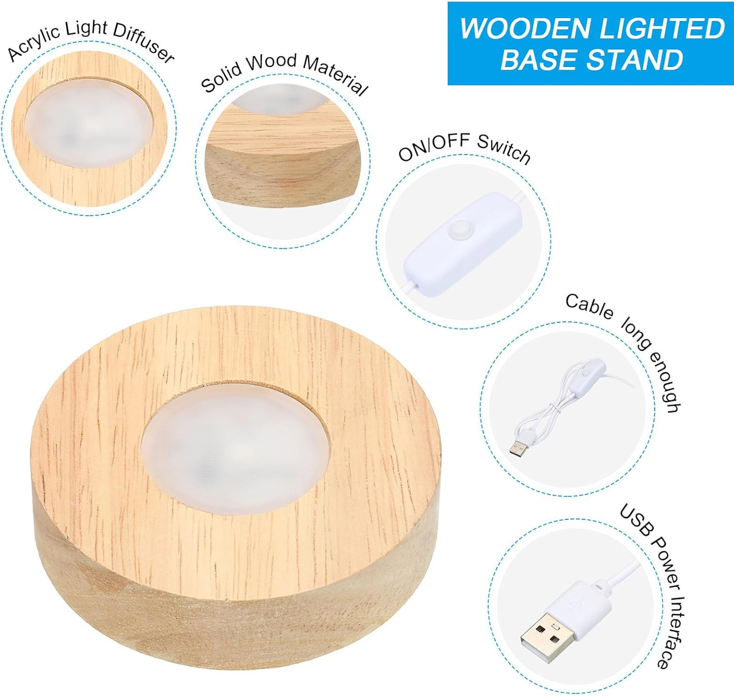 PATIKIL 3.2 Inch Wooden LED Light Base, 2pcs Wood Light Display Base Stand Lighting with Switch for 3D Crystal Glass Aroma Stone Art, Colorful Light