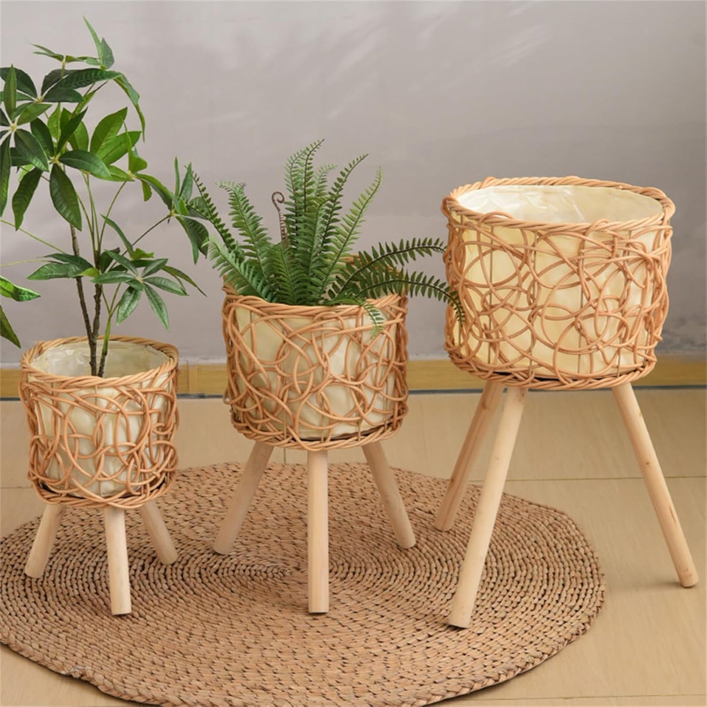 Rattan Plant Stand Stool with 3 Wood Legs Balcony Flower Pots Display Rack Planter Basket for Indoor and Outdoor Use(Original color mediu)