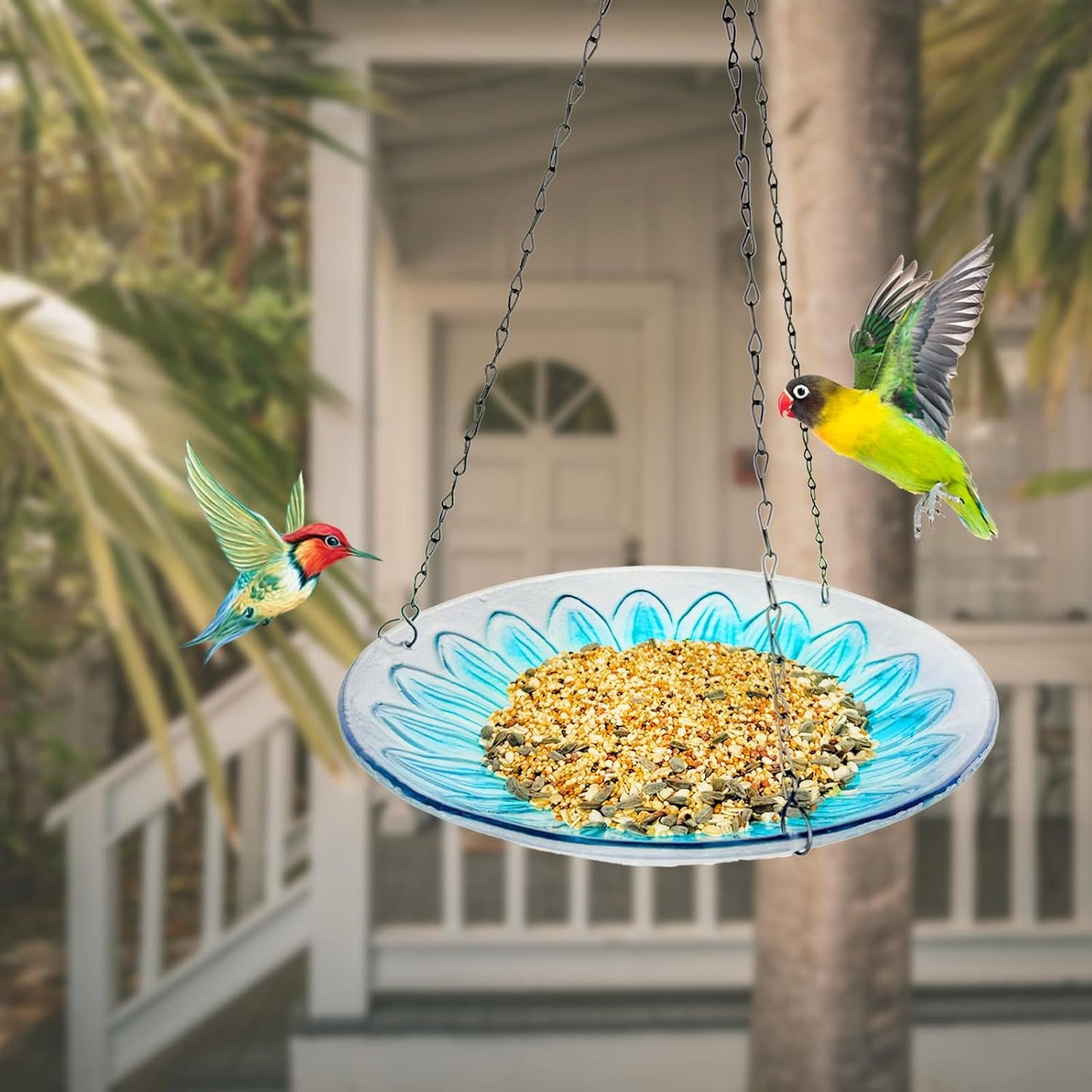 Hanging Bird Baths Outdoor Glass Birdbaths Garden Bird Feeder for Yard Lawn Decor Blue Flower