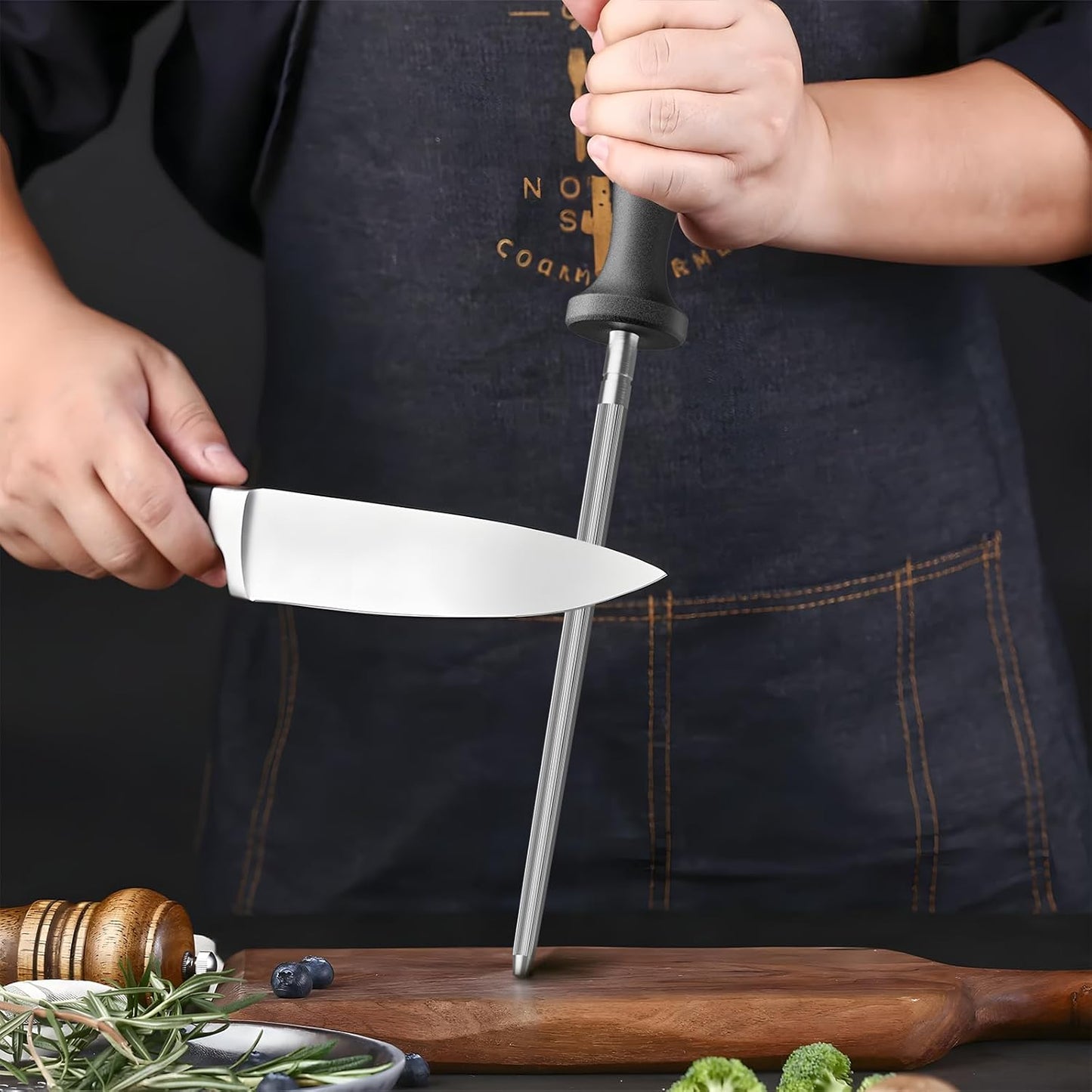 Knife Sharpener Rod, 13 Inch Carbon Steel Honing Steel for Kitchen Knives, Professional Magnetized Sharpening Stick with Nickel-Chrome Plating, Easy Grip Tool for Chef Knives
