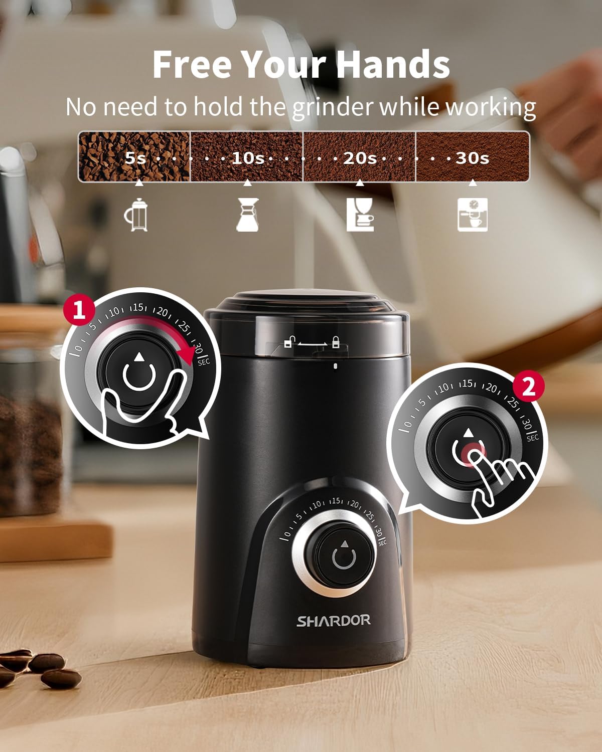 SHARDOR Electric Super Silent Blade Coffee Grinder, Timed Grind Contro
