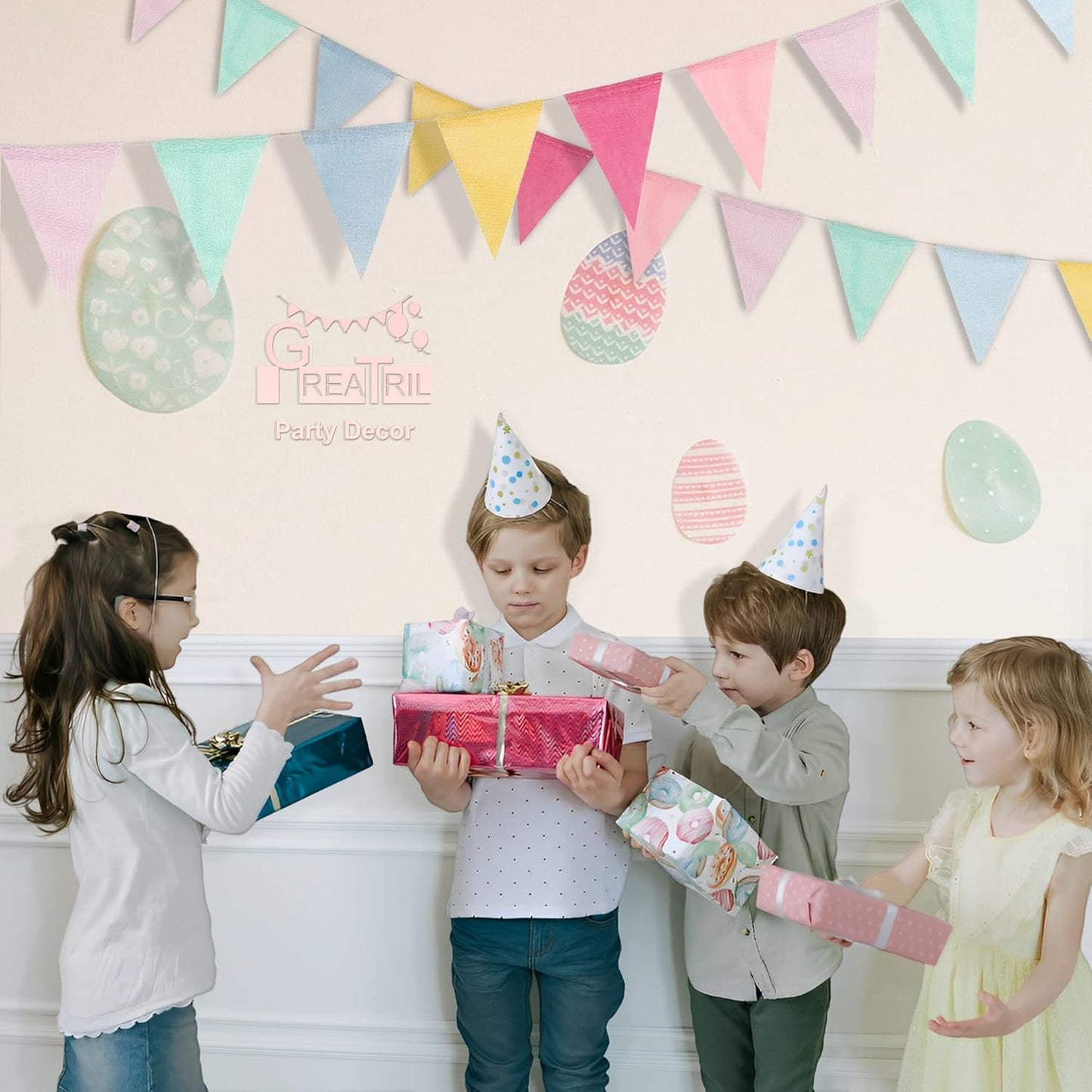 Pennant Banner Flags Pastel - GREATRIL Colorful Triangle Banners for Birthday Easter Classroom School Carnival Garland Outdoor Burlap Bunting Party Decorations 4 Strings