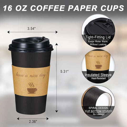 Lamosi 16 oz Coffee Cups 50 Pack, Disposable Coffee To Go Cups with Lids, Stir Sticks and Sleeves, 16 oz Black Hot Paper Cup for Home, Travel, Office