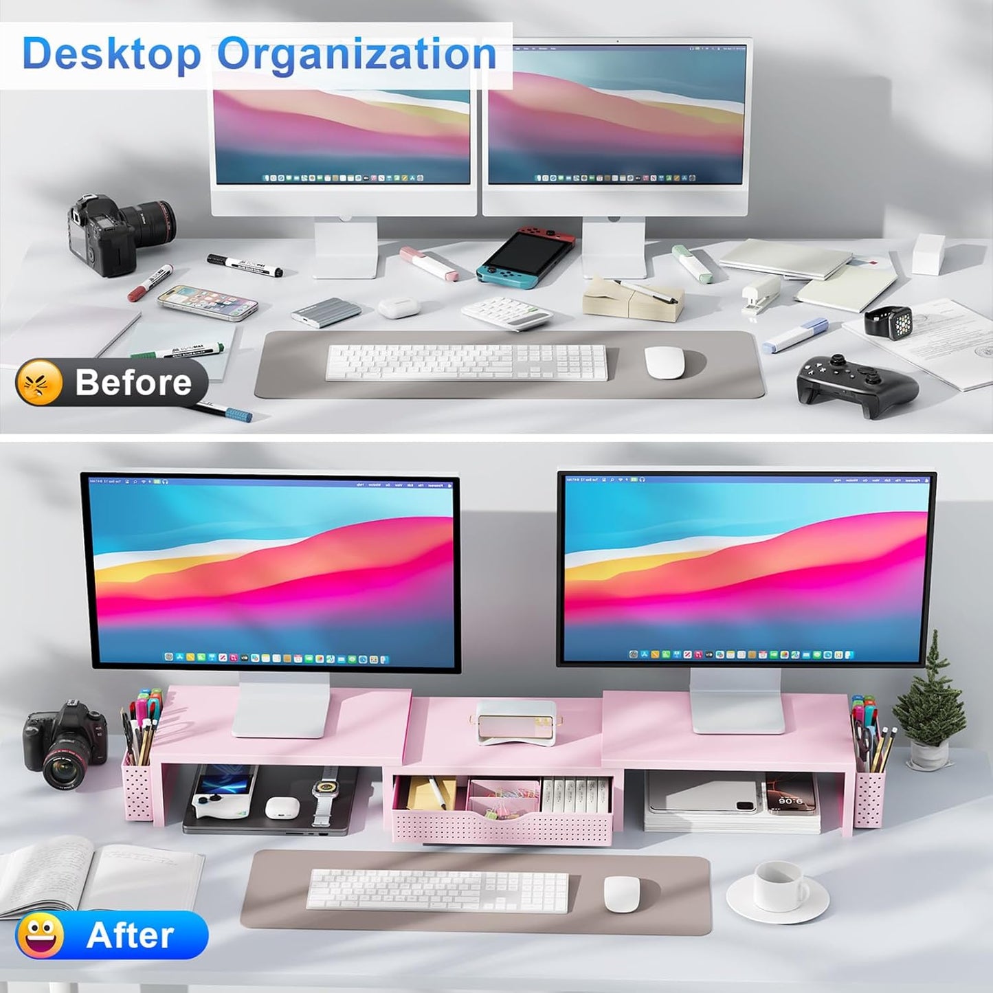 gianotter Dual Monitor Stand Riser, Desk Organizer With Drawer and 2 P