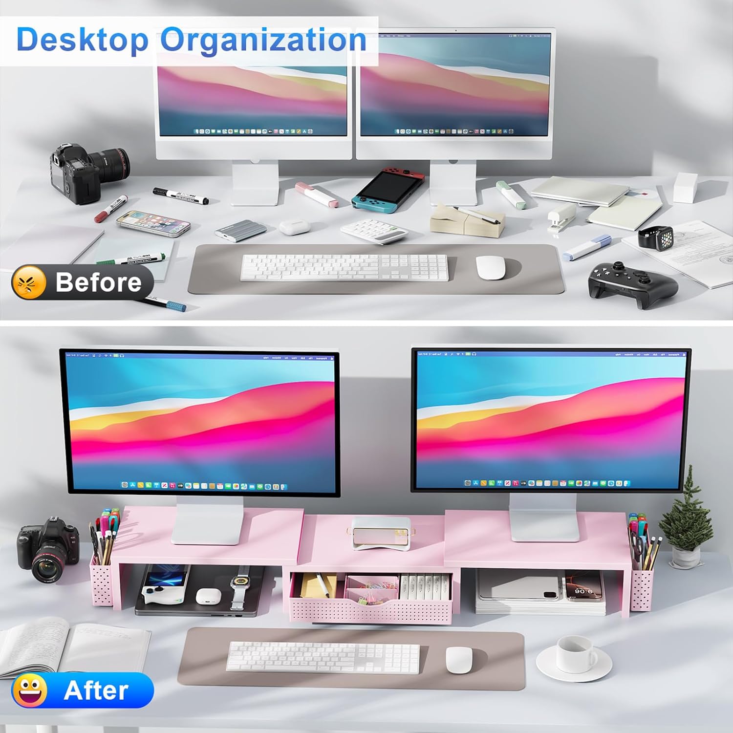gianotter Dual Monitor Stand Riser, Desk Organizer With Drawer and 2 P