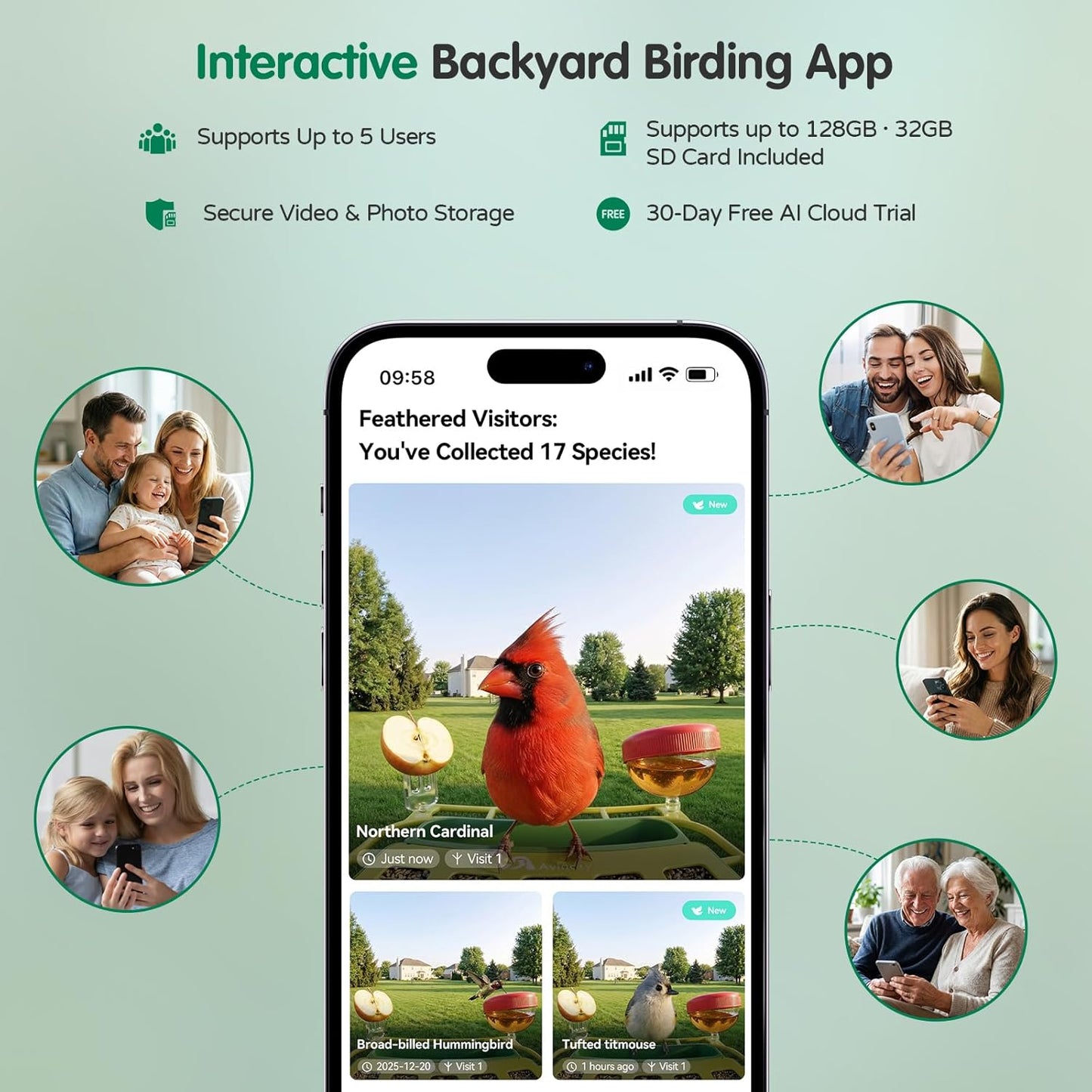 Avinory Smart Bird Feeder with Camera 2.5K HD, Solar Powered AI Bird Identifier 10000+ Species, 32GB Card, Wireless,with Night Vision,Metal Squirrel Proof for Outdoor Birds Watching Gift