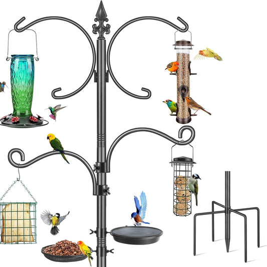 Bird Feeder Pole, 76 Inch Bird Feeding Station, Heavy Duty Shepherd Hooks for Outdoors Hanging Birds Feeders, 4 Hook Hummingbird Feeder Stand with Birds Bath, Mesh Tray