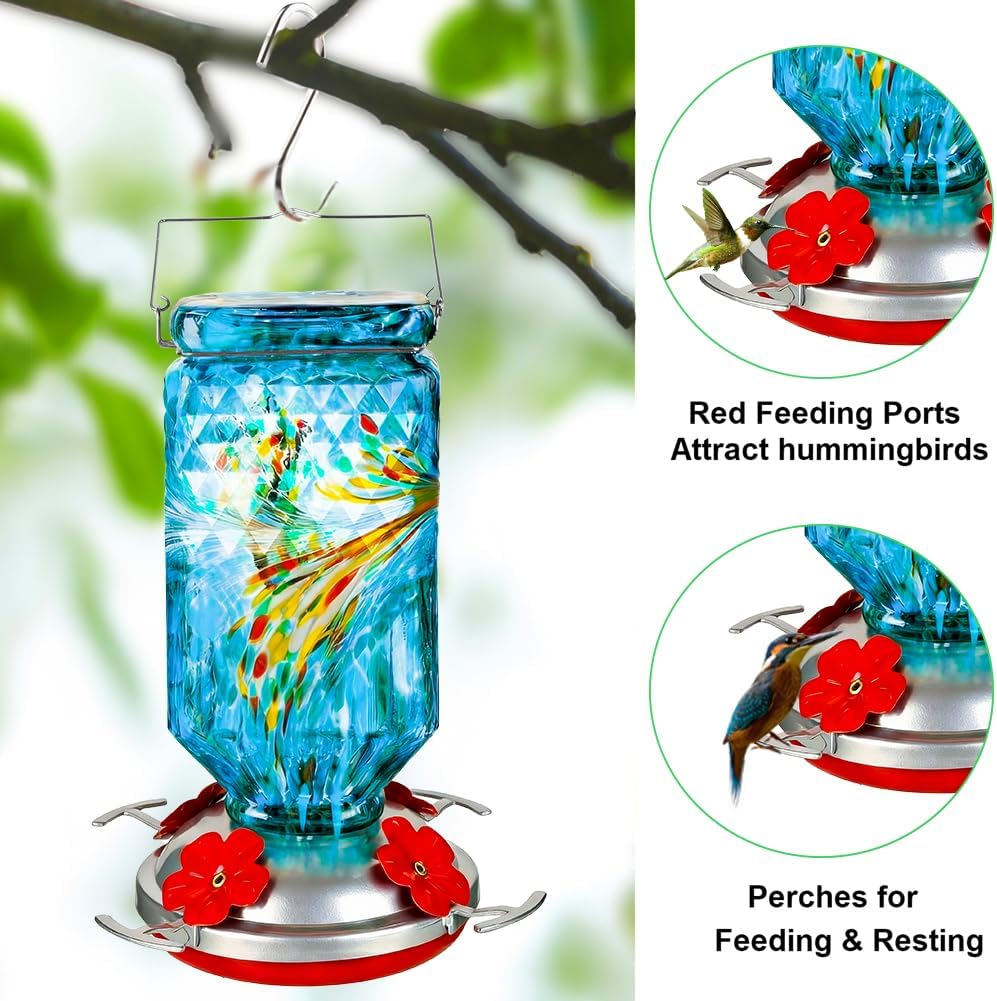 Hand Blown Glass Hummingbird Feeder for Outdoors Hanging Square Chanin