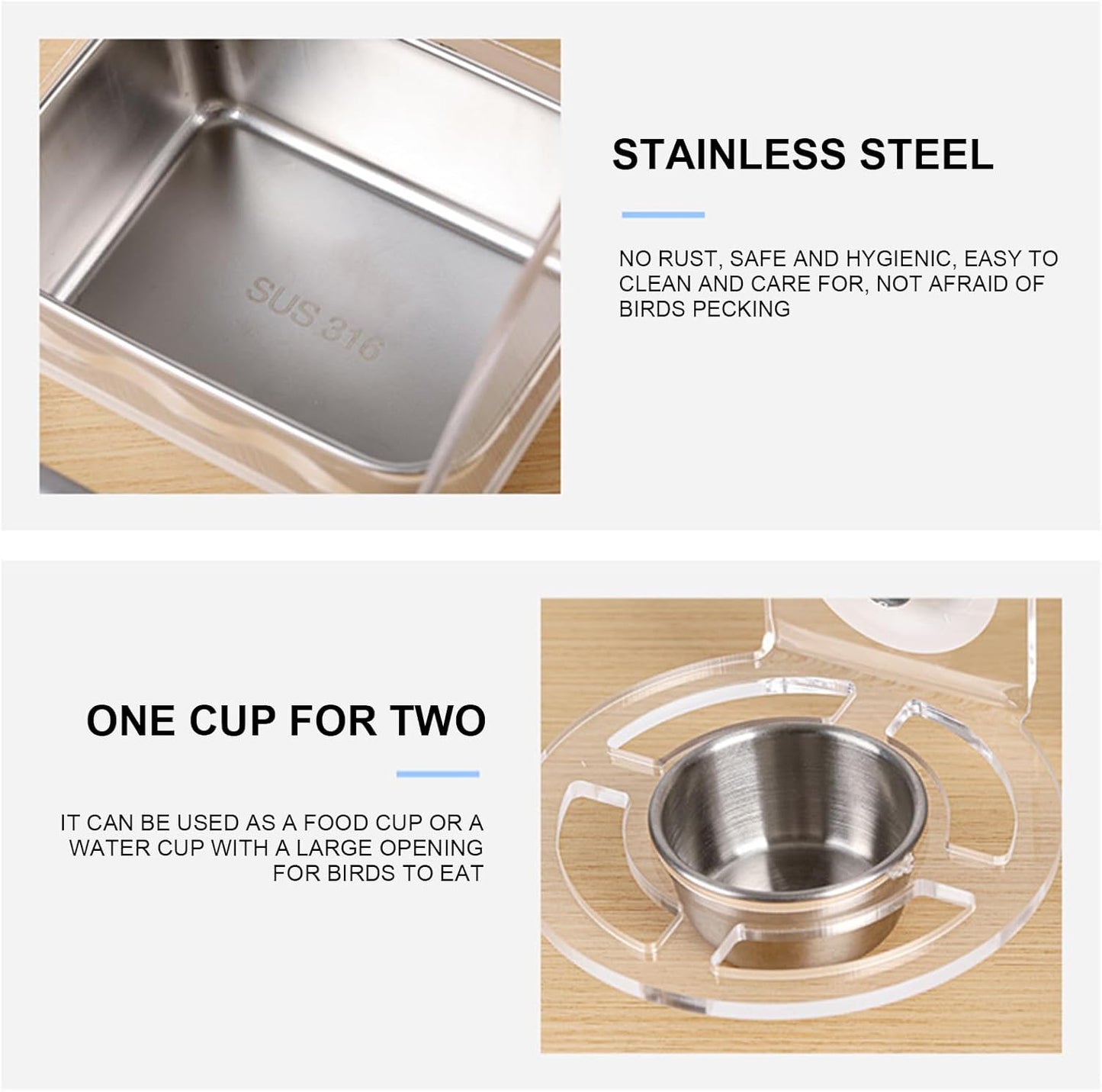 Bird Feeders Antiskid Stand Stainless Steel Bowls Acrylic Parakeets Feeders for Lovebirds and Budgies