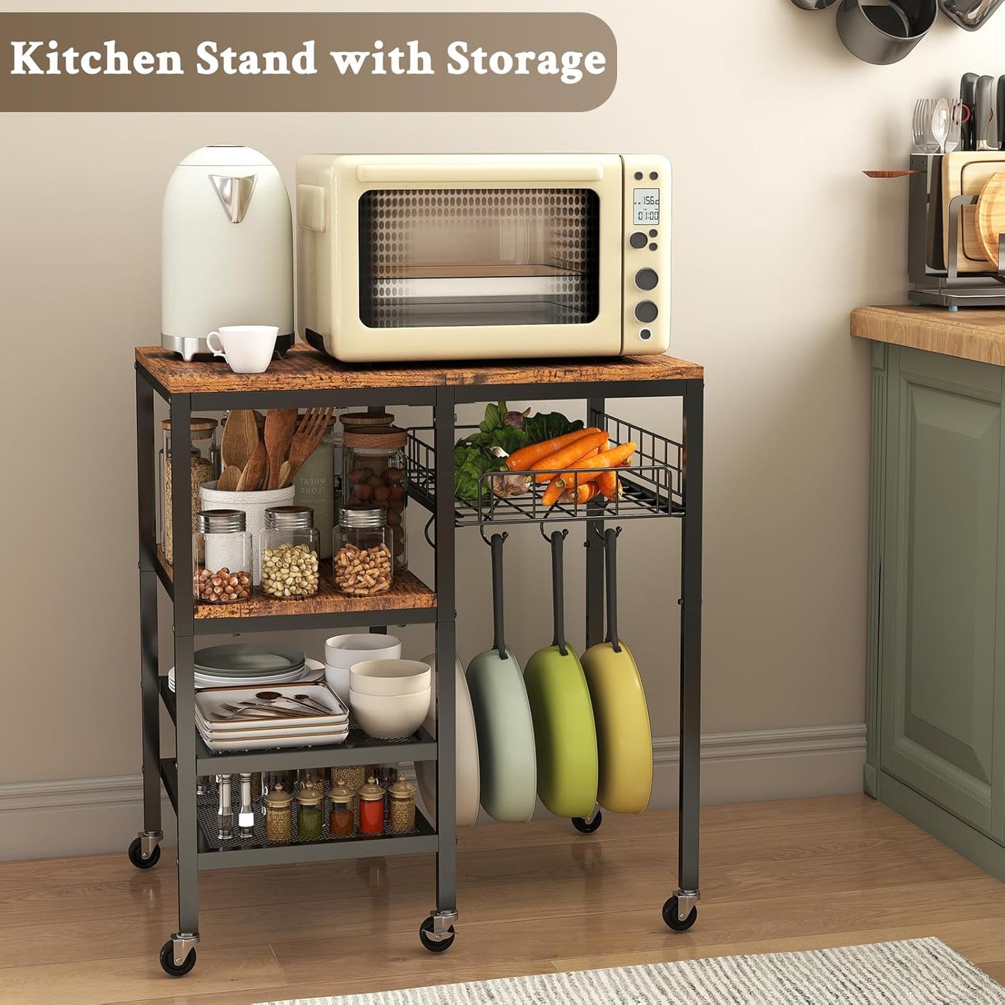 Hadulcet 4-Tier Adjustable Microwave Stand with Storage on Wheels - Rolling Kitchen Cart & Mobile Coffee Bar, Standing Baker's Rack for Kitchen Island, Office, Living Room
