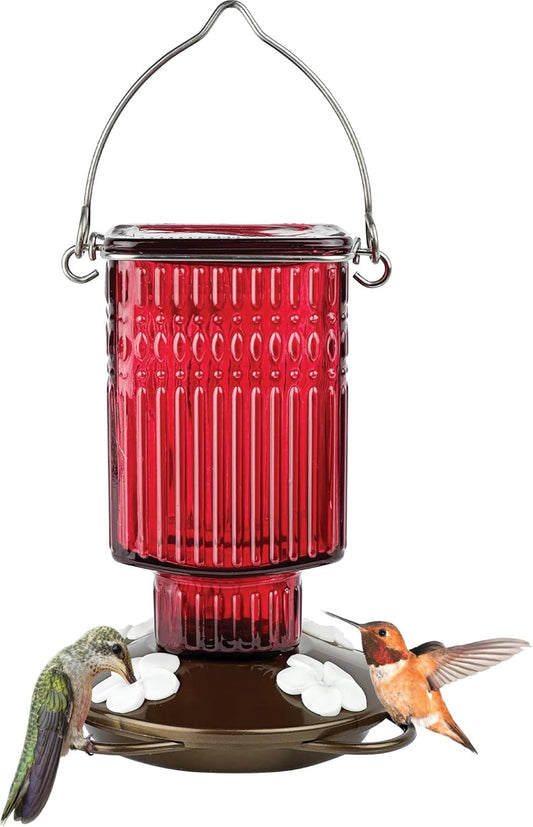Nature's Way Hanging Glass Hummingbird Feeder for Outdoor Decor, 22 Ounce Capacity Nectar Feeder, 4 Easy to Clean Flexible Ports, Red