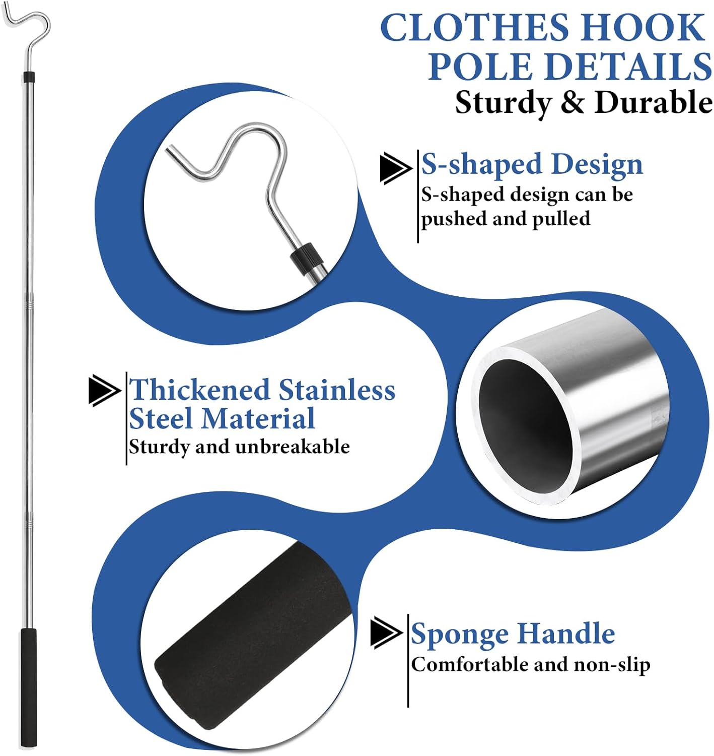 Clothes Hook Pole, Clothes Hanger Reaching Hook for Hanging Clothes Light and Plants Extendable from 35" to 50" Made of Stainless Steel Tube with Sponge Handle (50inch)