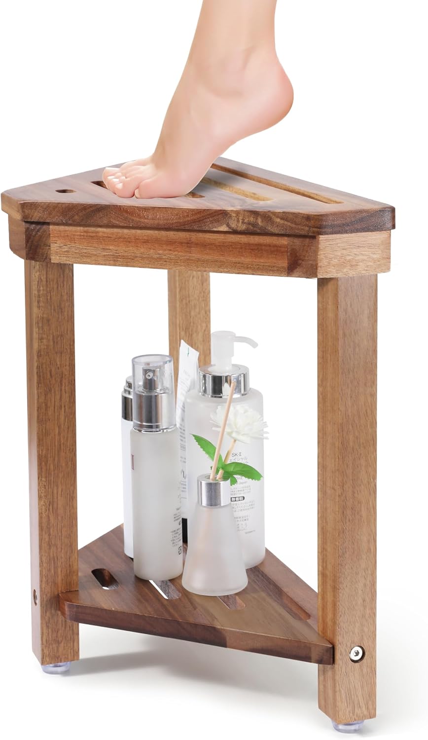 Shower Foot Rest 14in, Acacia Wood Shower Stool for Shaving Legs, Waterproof Corner Shower Stool with Storage Shelf for Inside Small Shower Spaces, Wood Color