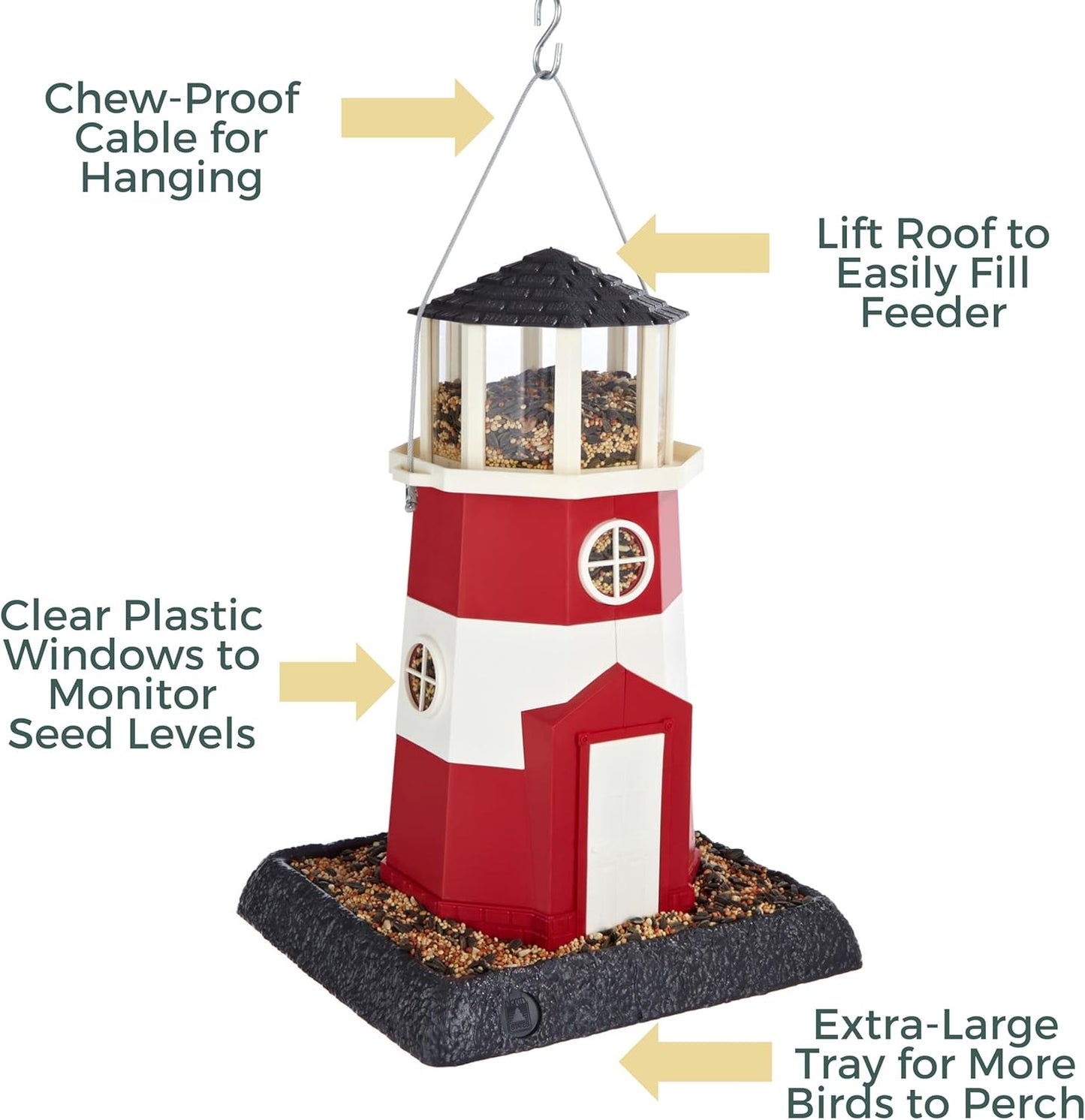 North States Village Collection - Large Red/White Lighthouse Bird Feeder: Hanging Bird Feeder for Outdoors, Holds 8 Pounds of Seed