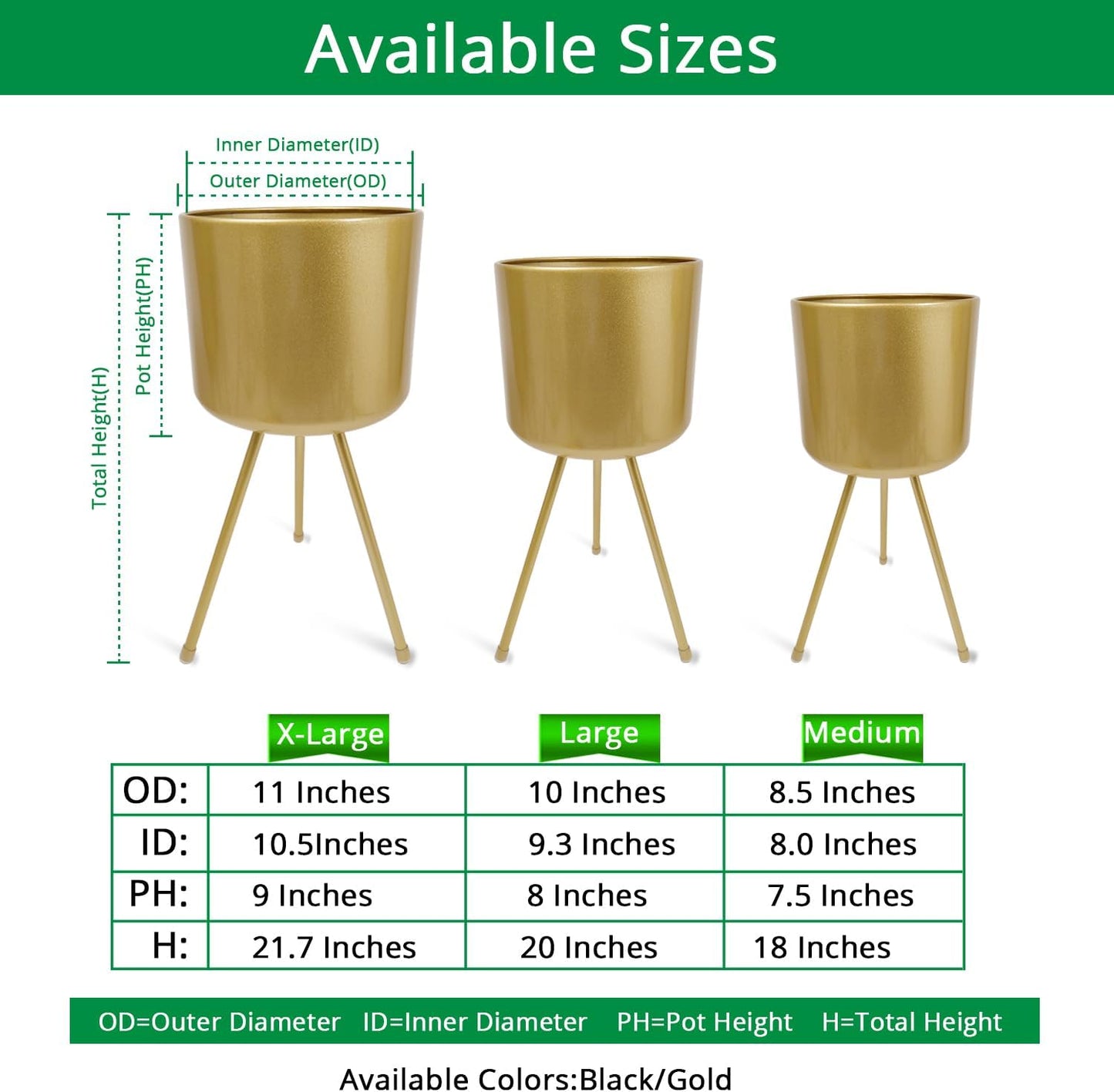 Mid-Century Metal Flowerpot with Stands, Gold Stylish Modern Floor-Standing Flowerpot,Suitable for Orchid, Aloe Indoor Outdoor Decoration 8.5'' Wide 18'' high
