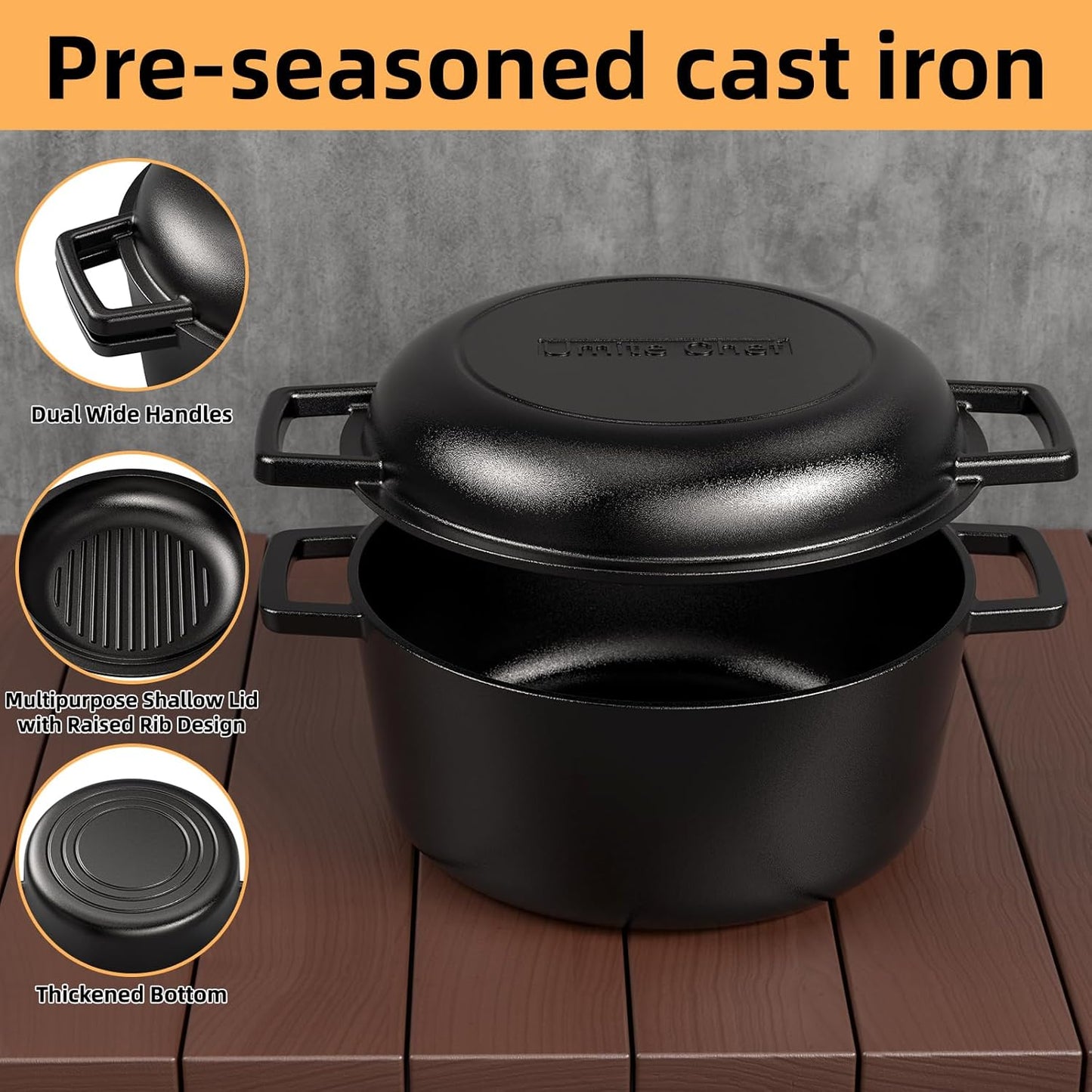 Cast Iron Dutch Oven Pot with Skillet Lid – Pre-Seasoned – Skillet Lid