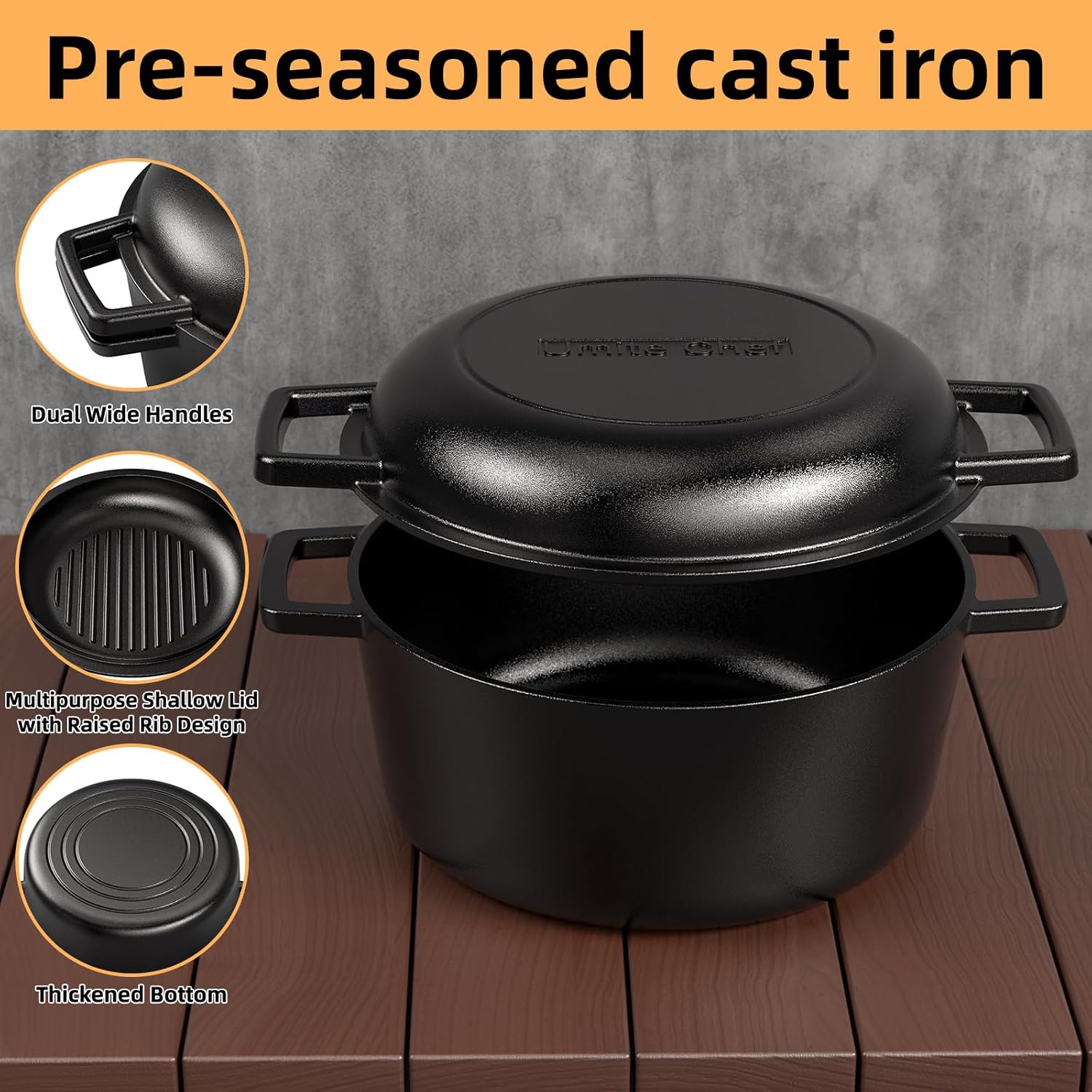 Cast Iron Dutch Oven Pot with Skillet Lid – Pre-Seasoned – Skillet Lid