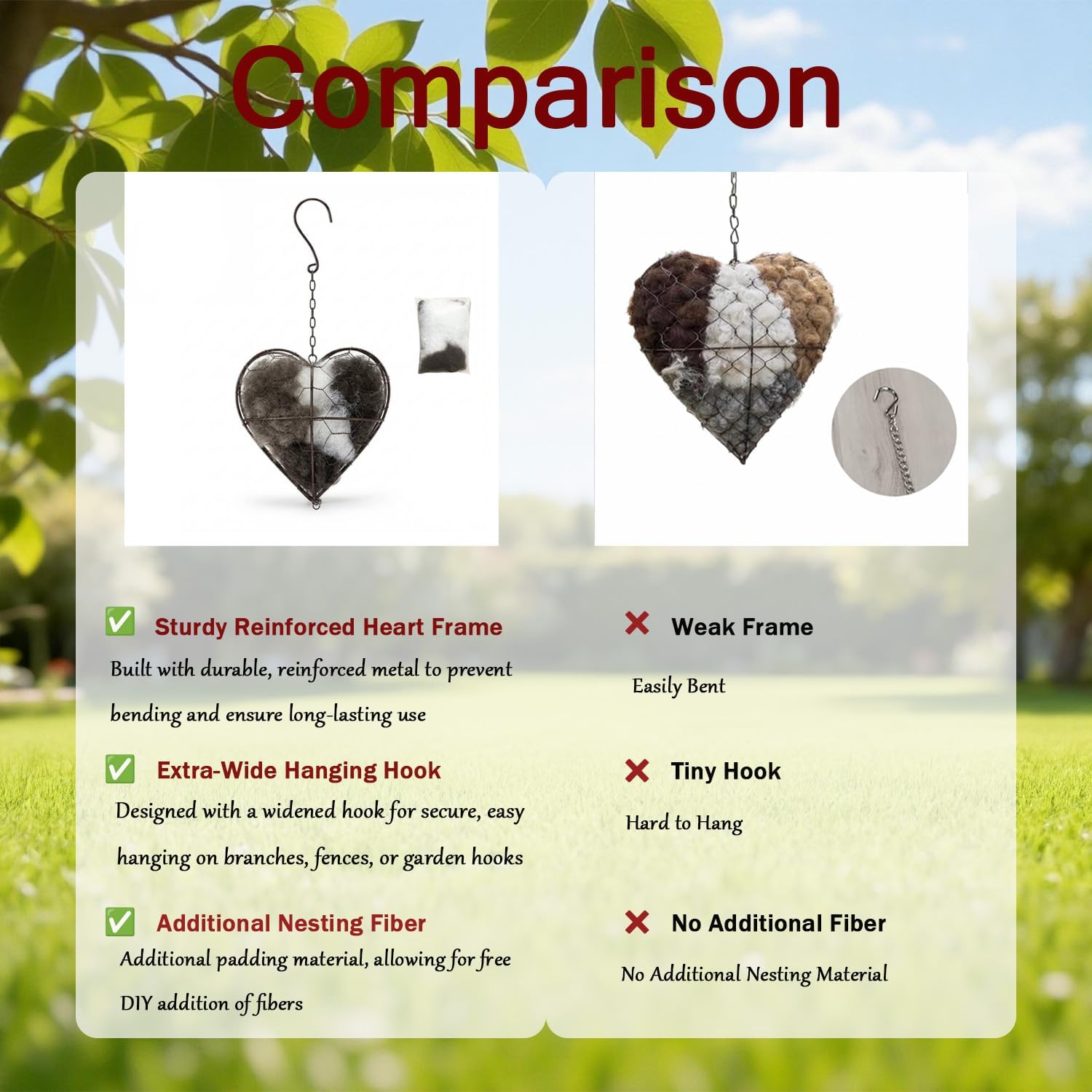 WesGen Handmade Bird Nesting Heart Refillable, 4 Bags Natural Bird Nes