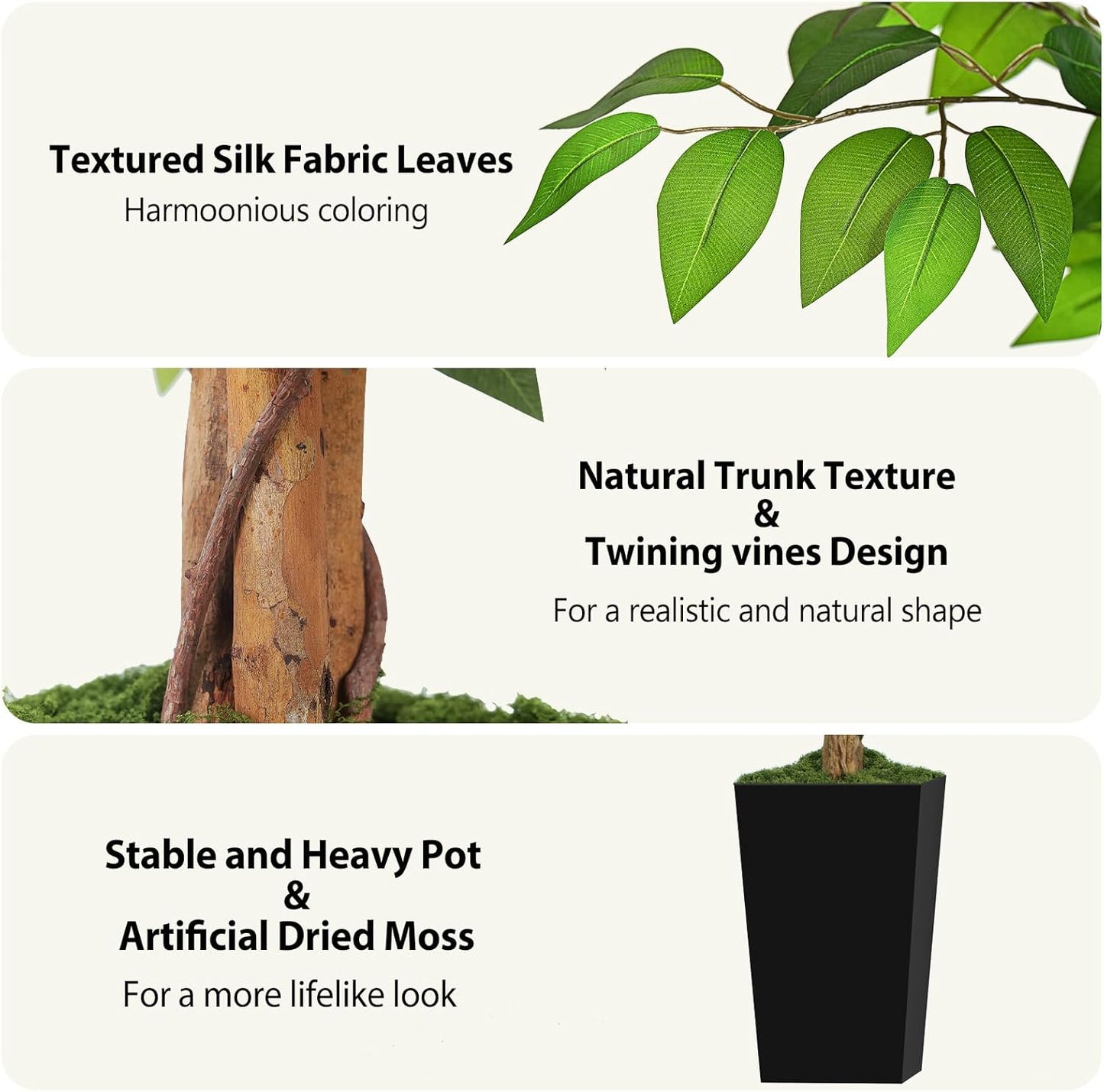 4ft Ficus Artificial Tree with 3 Natural Curved Trunks, 48" Tall Lush Faux Tree for Home Decor Indoor, Green Lifelike Fake Ficus Tree with Black Planter Pot
