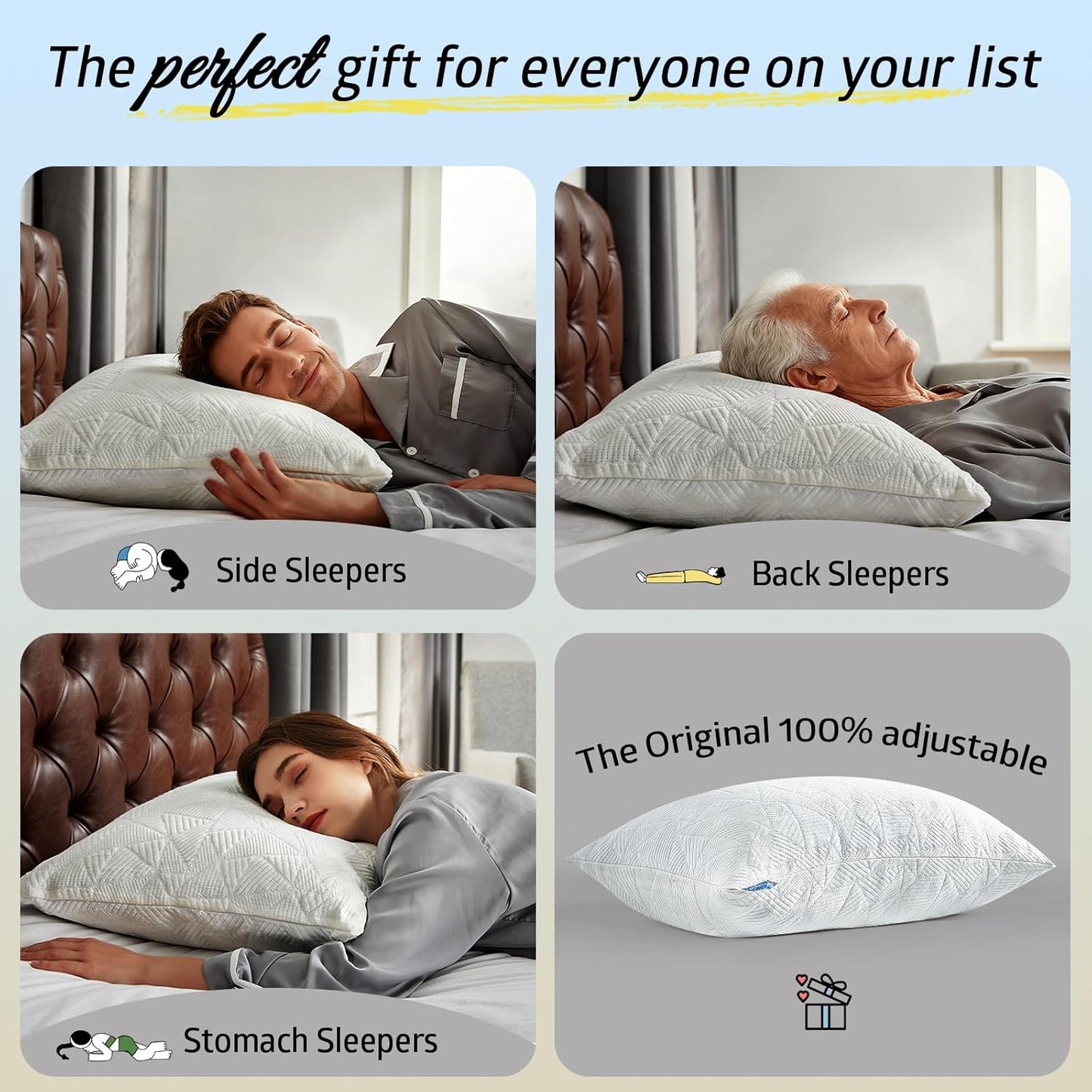 BETU Cooling Pillow Queen Size, Shredded Memory Foam Cool Pillow for Hot Sleepers, Adjustable Firm Soft Support Bed Pillows Perfect for Back Neck Pain and Side Sleeping with Pillow Case Cover, White