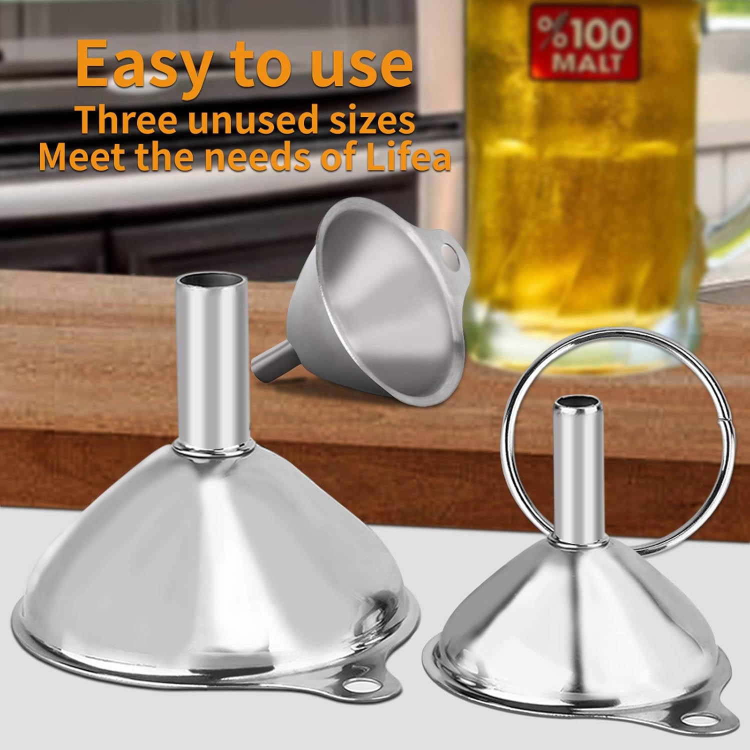 Metal Stainless Steel Funnel, Large Medium Small Funnel Set of 3, Food