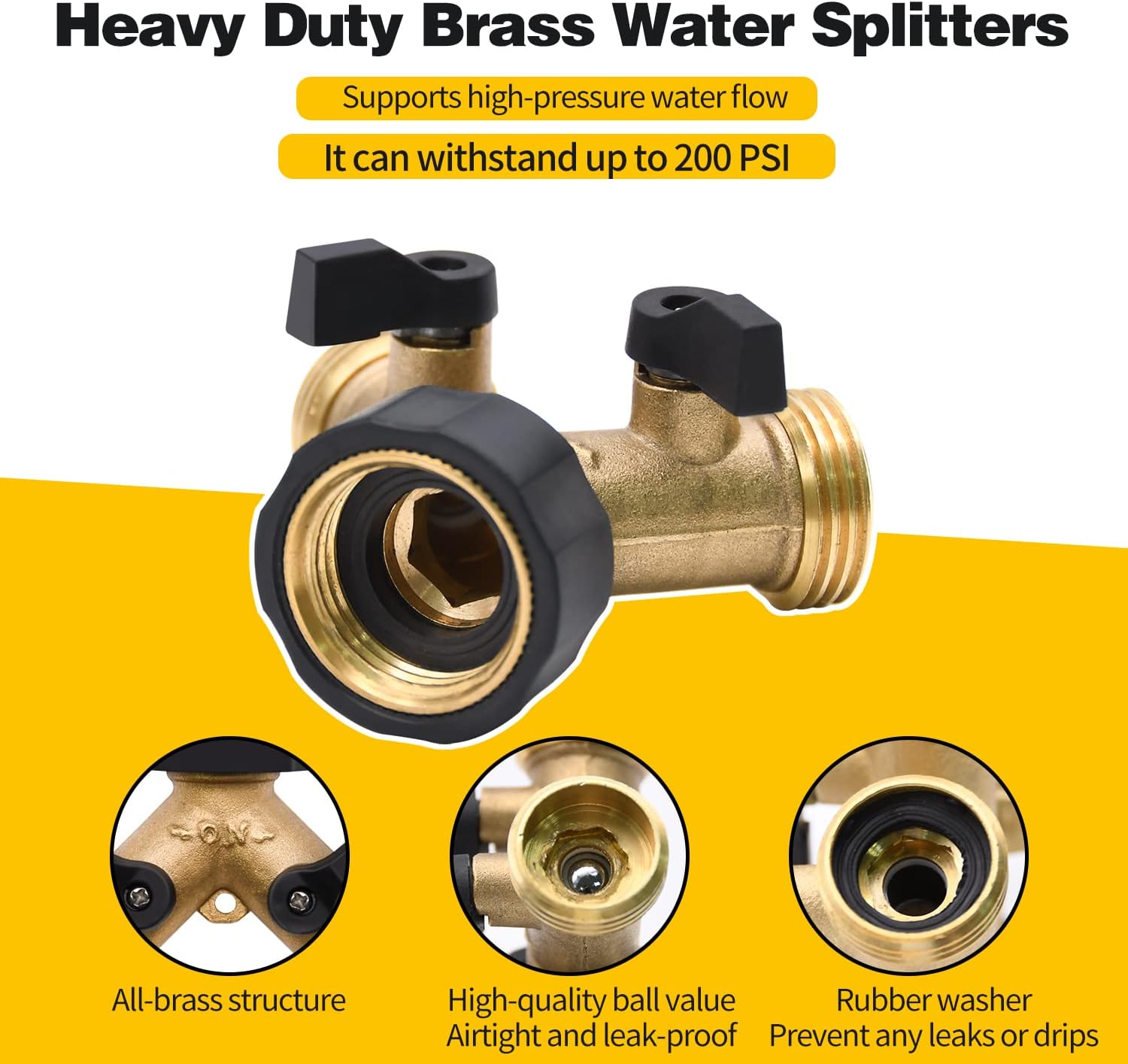1/2/4 Pack 2 Way Hose Splitter, for 3/4" Hose Connector, with Rubber W