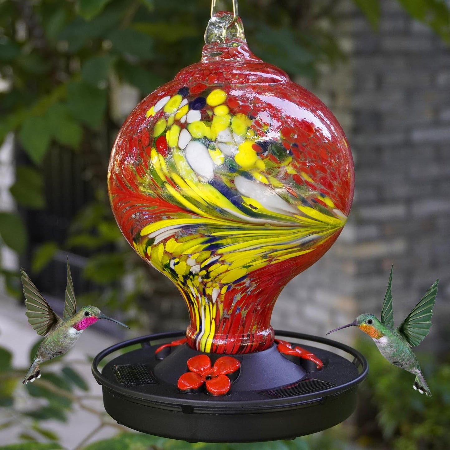 Hummingbird Feeder with Solar Powered Lights, Easy Clean Hole Handblown Glass Hummingbird Feeder for Outdoors Hanging, Red/Black