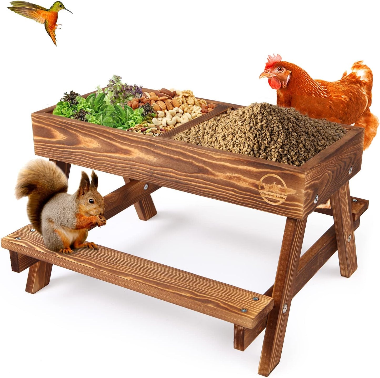 Chicken Table No Waste, Chicken Picnic Feeder Handmade Carbonized Wooden, Large DIY Chicken Feeder Kit, Wild Bird, Duck & Squirrel Feeders, Mesh Bottom Keep Food Fresh and Dry Easy to Clean and Fill