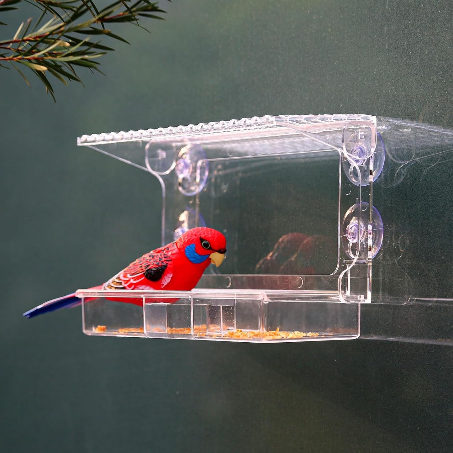 Window Bird Feeder with Strong Suction Cups – Flat-Tile Roof Acrylic Bird Feeder for Outdoors, Clear Viewing Box for Wild Birds & Cats, Easy-to-Clean, Large Capacity, Transparent Birdhouse Feeder