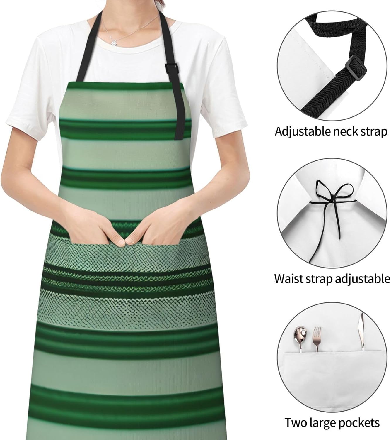 YANYU Green Striped Print 28x33 In Kitchen Apron Stylish Chef Apron with Pockets for Cooking Baking Painting
