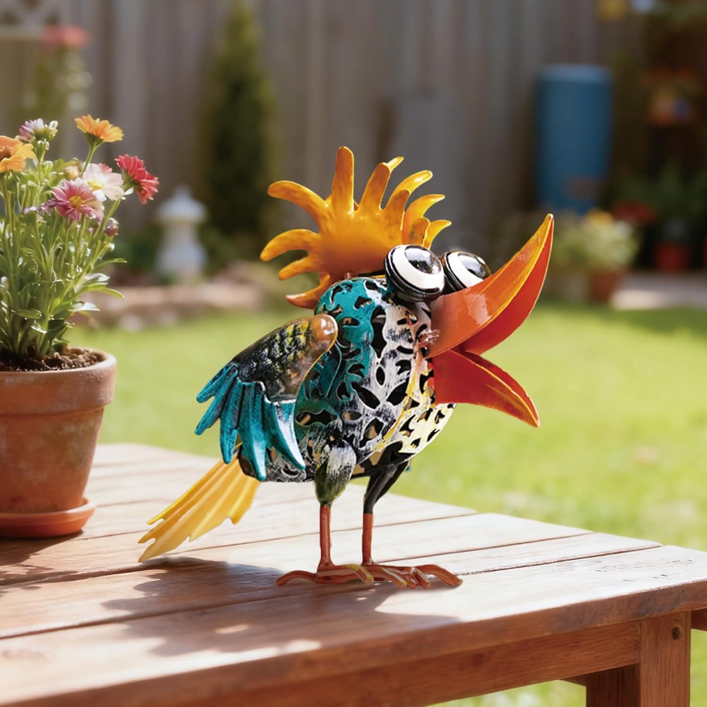 Bird Sculpture Yard Decor - Funny Open Mouth Big Eyes Metal Birds Stat