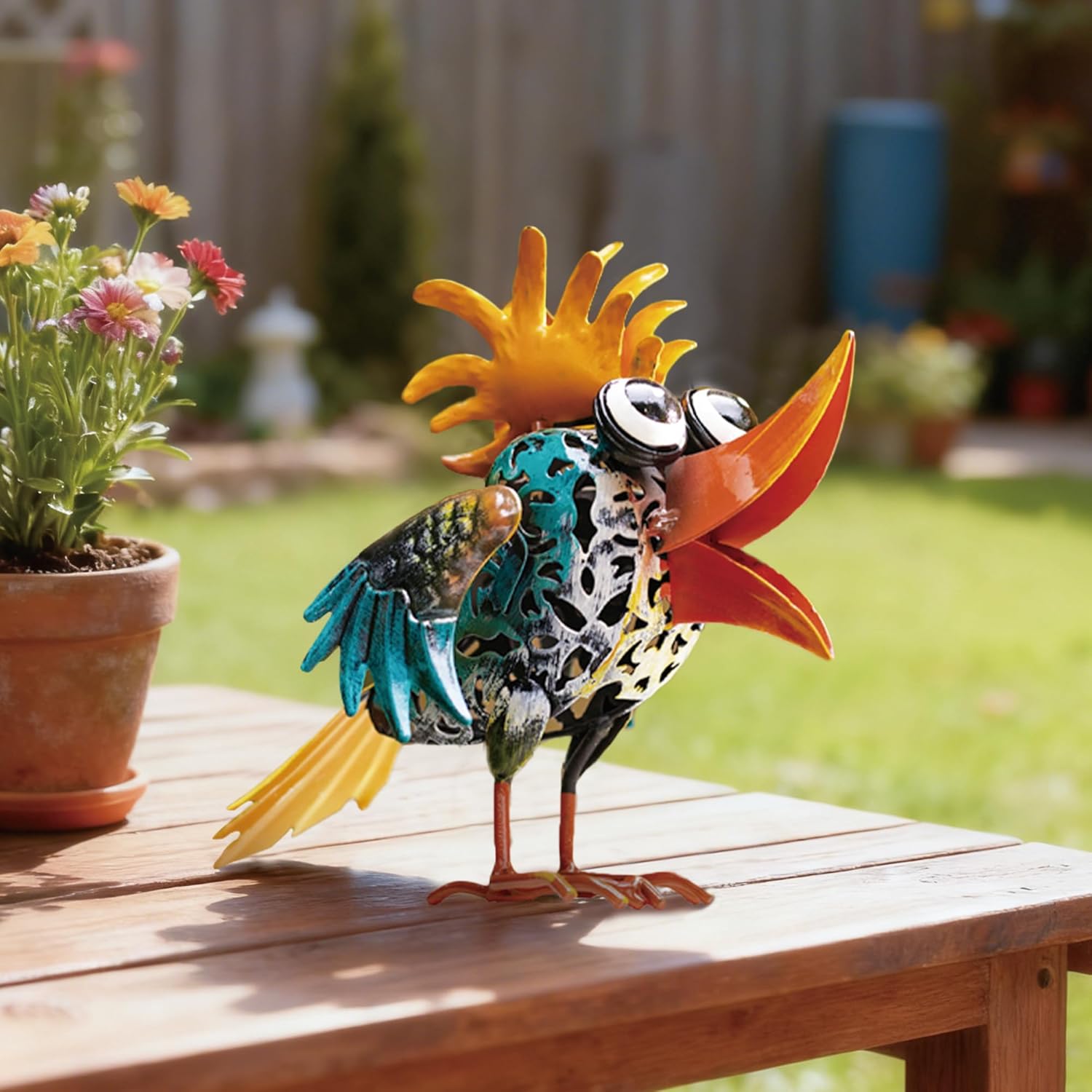 Bird Sculpture Yard Decor - Funny Open Mouth Big Eyes Metal Birds Stat
