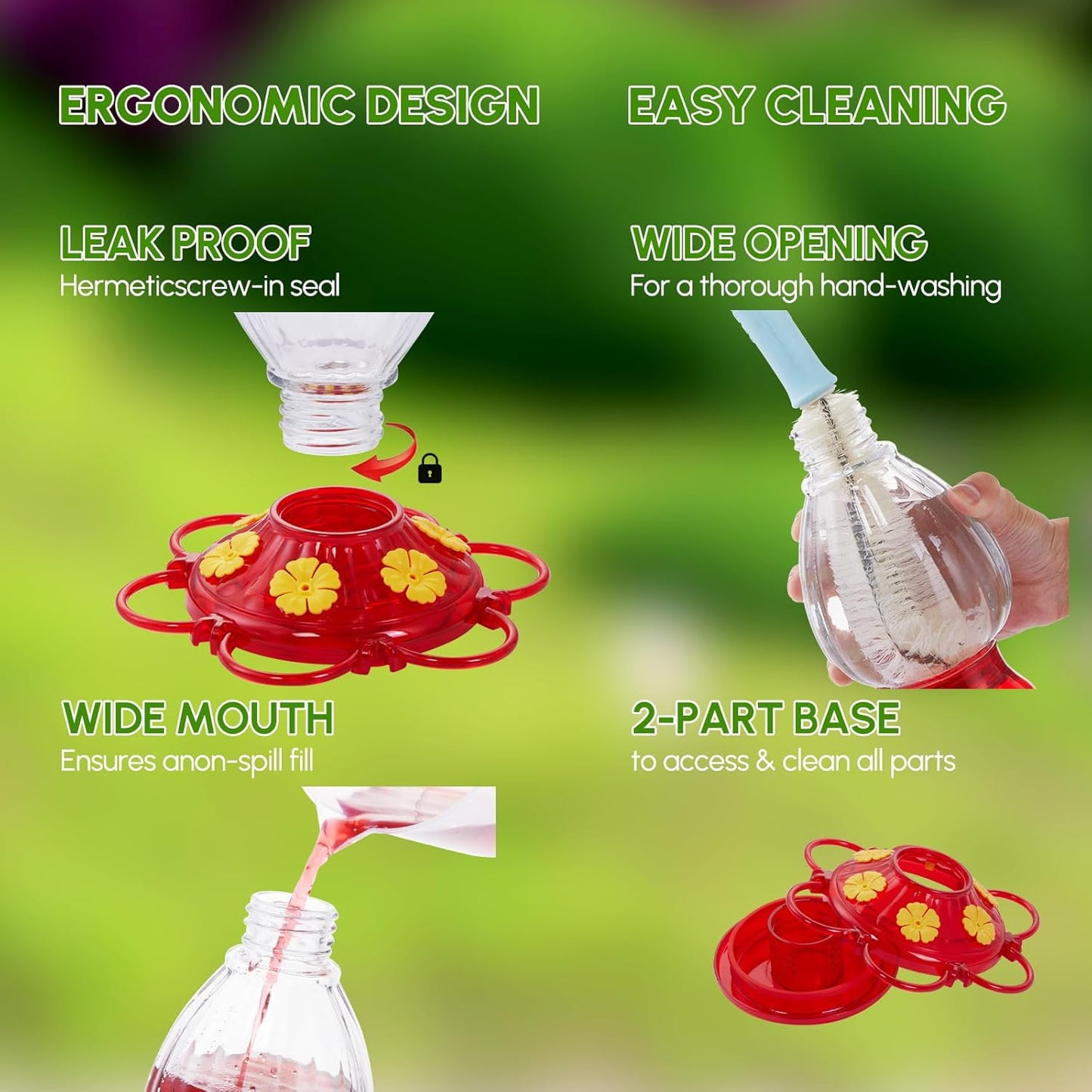 Backyard Expressions Hummingbird Feeder Set of 2 – Large 20 Oz Plastic Feeders for Outdoors with 6 Flower Ports, Built-in Ant Moat & Bee Guards, Wide Mouth Easy Fill, 2-Part Base for Fast Cleaning