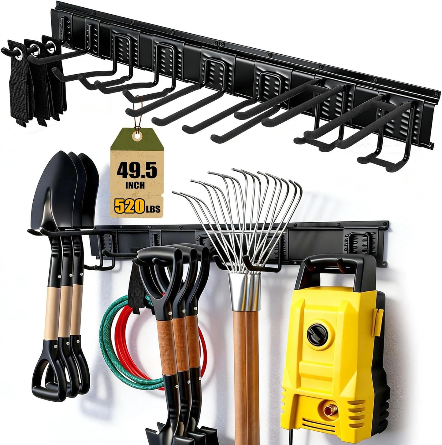 14Pack Garage Storage & Organization Kit, 49.5'' Rails with 11 Adjustable Hooks, Heavy Duty Garage Tool Organizer Wall Mount, Space-Saving Garage Wall Hook Rack for Garden Yard Tool Shed, Up to 520lbs