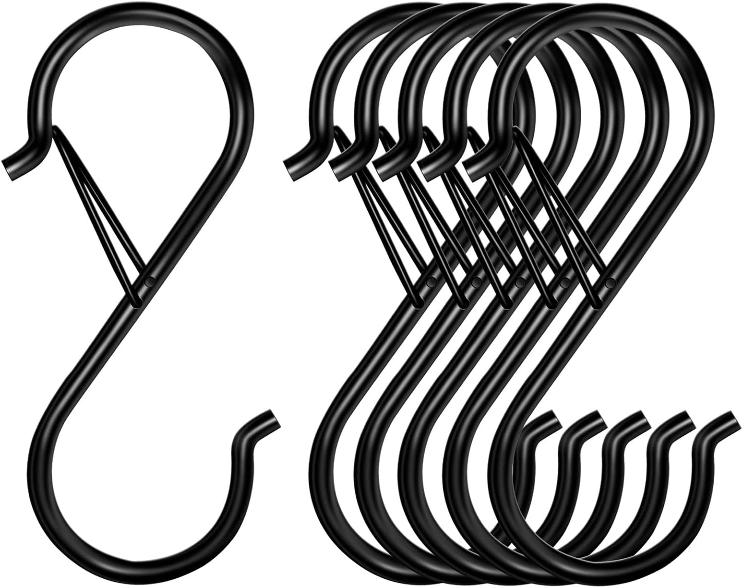 6 Pack S Hooks for Hanging, 3.5 inch Safety Buckle Design Heavy Duty Metal Black S Hooks for Hanging Plants, Pots, Pans, Cups, Clothes, Towels, Bags in Kitchen, Bathroom, Closet, Garden