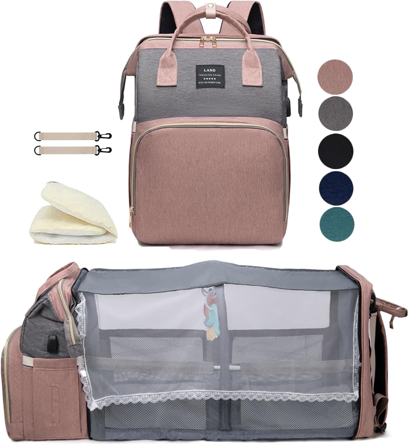 Diaper Bag Backpack with Changing Station: Pink Baby Bags for Girls Bo