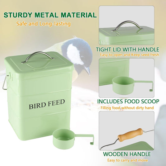 Bird Seed Storage Container Airtight,5~6LB Metal Bird Food Container with Scoop,Wild Bird Seed Tin for Storing Sunflower Seed-Ideal for Outdoor or Indoor-Squirrel proof -Green