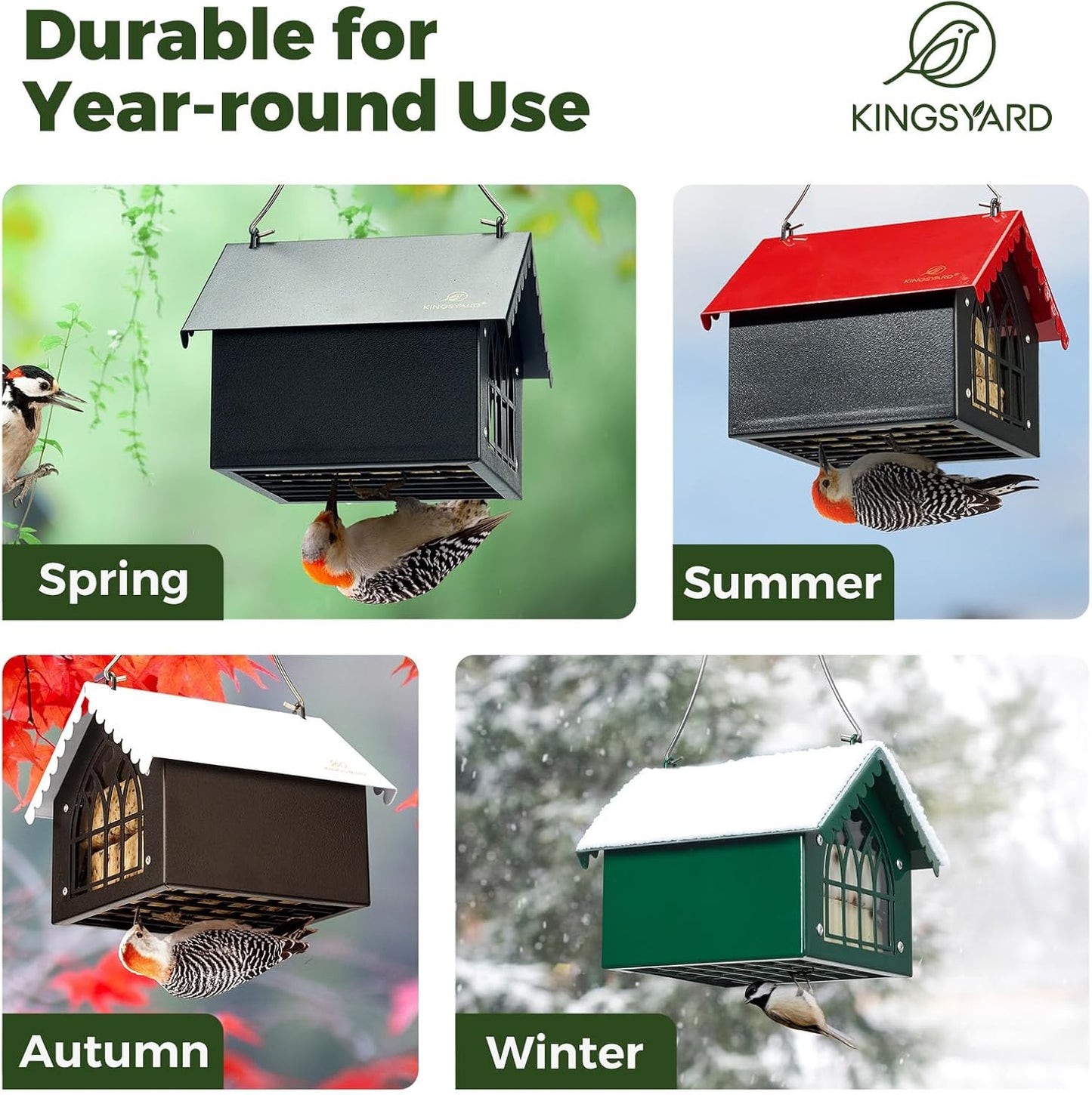 Kingsyard Double Upside Down Suet Feeder Squirrel Proof with Weatherproof Roof, All Metal Suet Feeders for Outdoors Hanging, Great for Downy Woodpecker Nuthatch Chickadee, Green