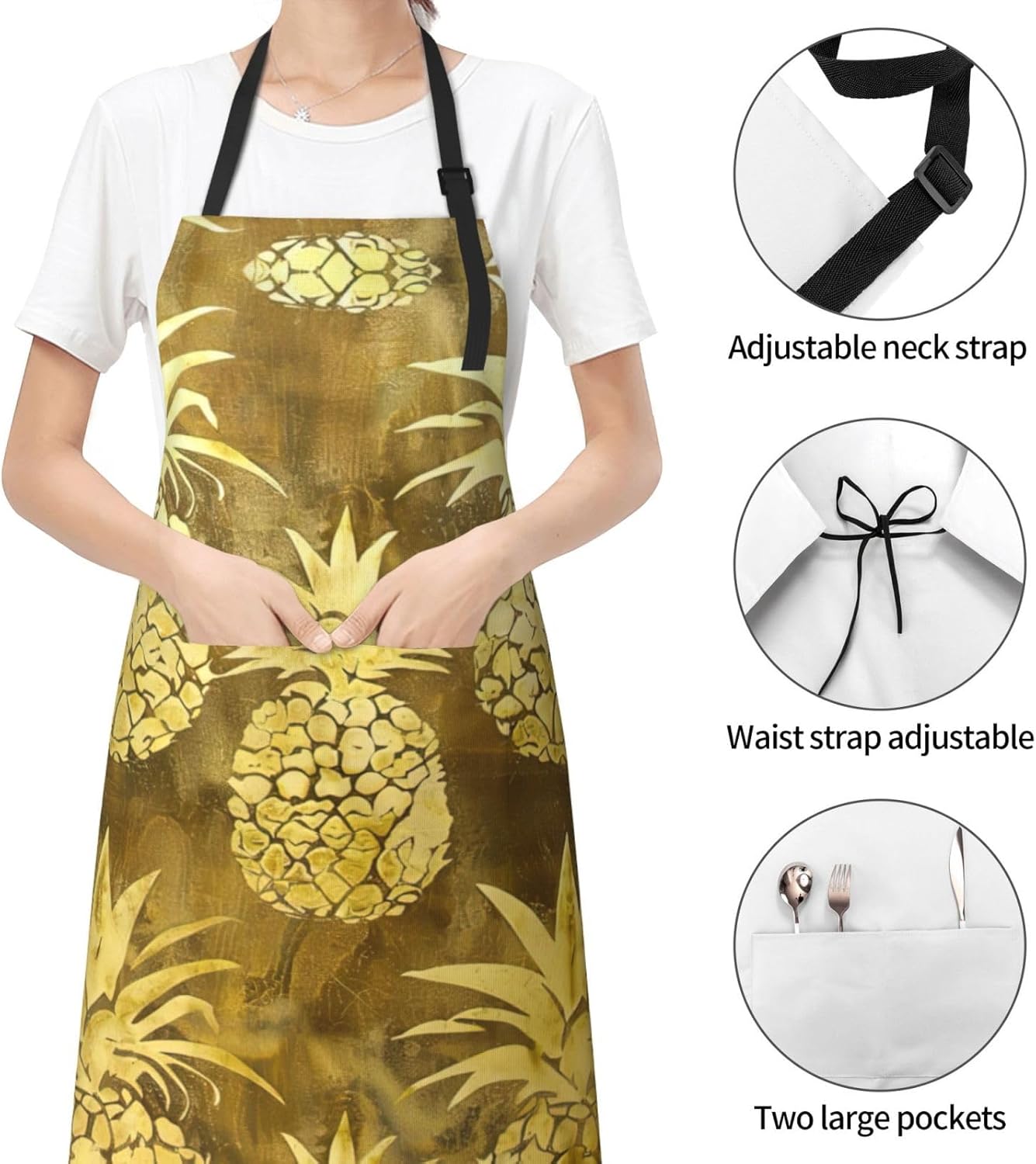 gold pineapple background print Waterproof chef's apron with pocket apron for kitchen cooking baking barbecue and gardening
