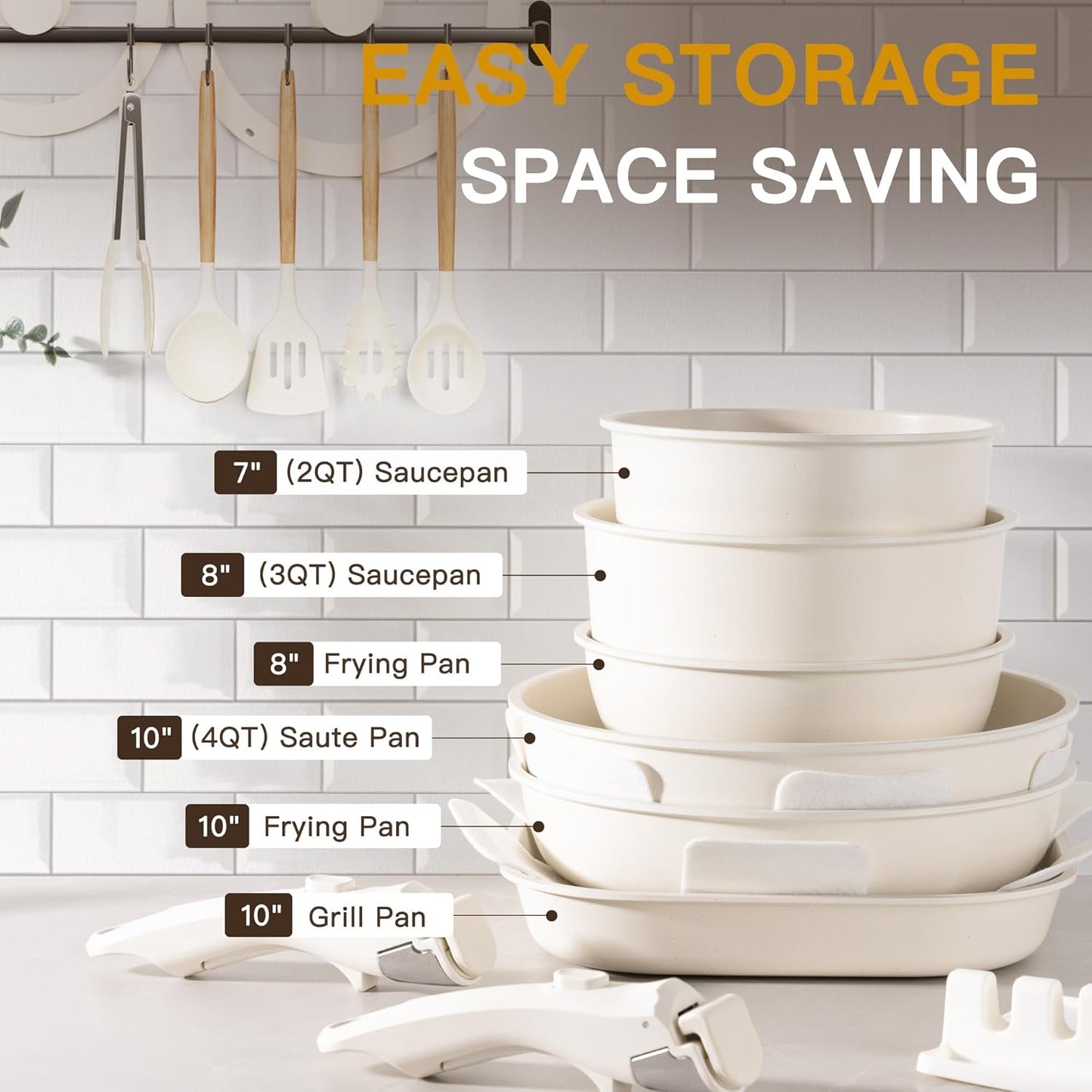 Astercook 23 Pcs Pots and Pans Non Stick Ceramic Cookware Set Detachable Handle, RV Stackable Kitchen Cooking Set Removable Handles, Oven Safe, Induction Ready, Cream White