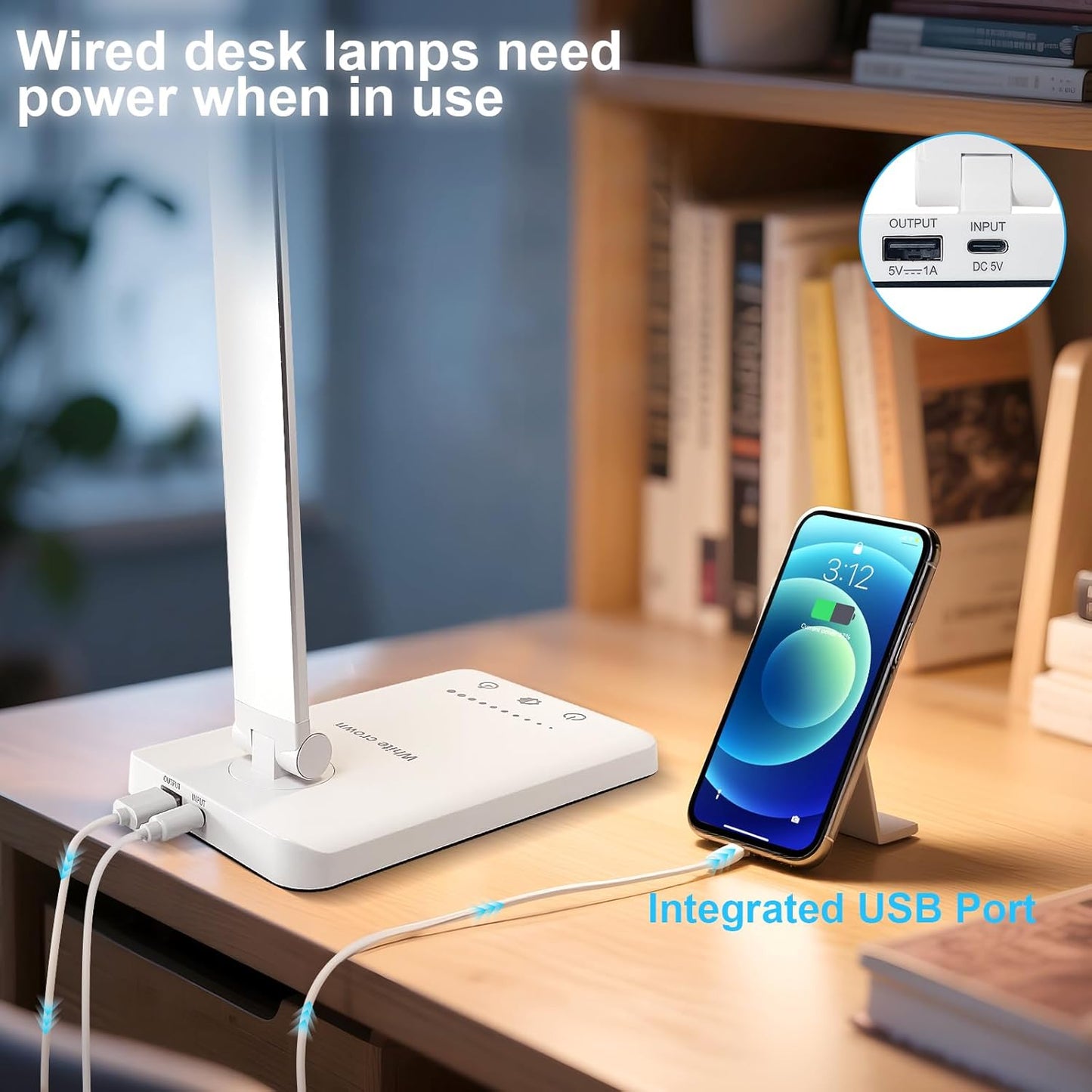 White crown LED Desk Lamp Dimmable Table Lamp Reading Lamp with USB Ch