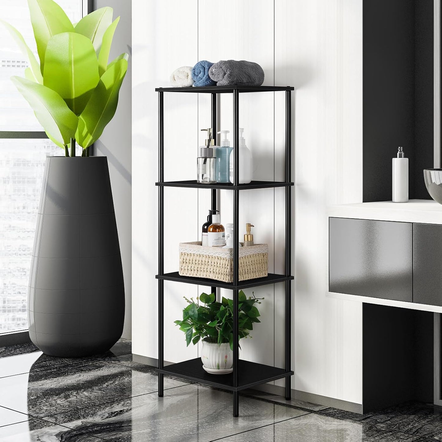 Narrow End Table Tall Black Side Table 4 Tier Wooden Metal Modern Plant Flower Display Stand Rack with Storage for Living Room Bedroom Bathroom