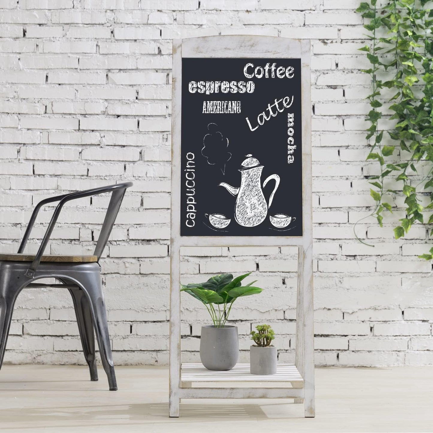MyGift 45 Inch Tall Vintage White Weathered Paulownia Wood Sidewalk Chalkboard Sign with Plant Shelf Stand, Freestanding A-Frame Easel Erasable Message Board