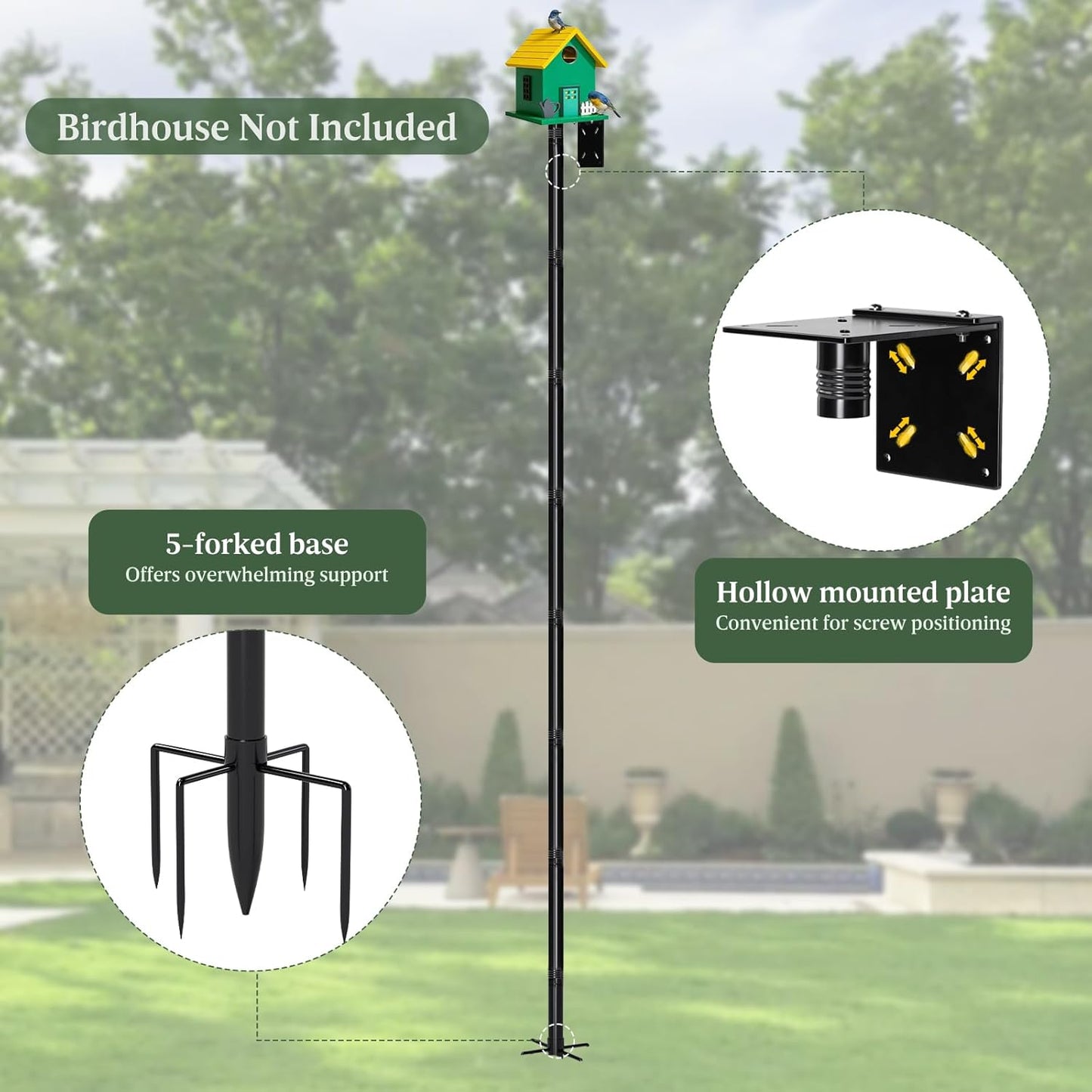 114-Inch Birdhouse Pole Stand, Heavy Duty Metal Bird House Mount with Ground Stake Base, Multi-Section Outdoor Pole for Birdhouses, Feeders & Garden Decor